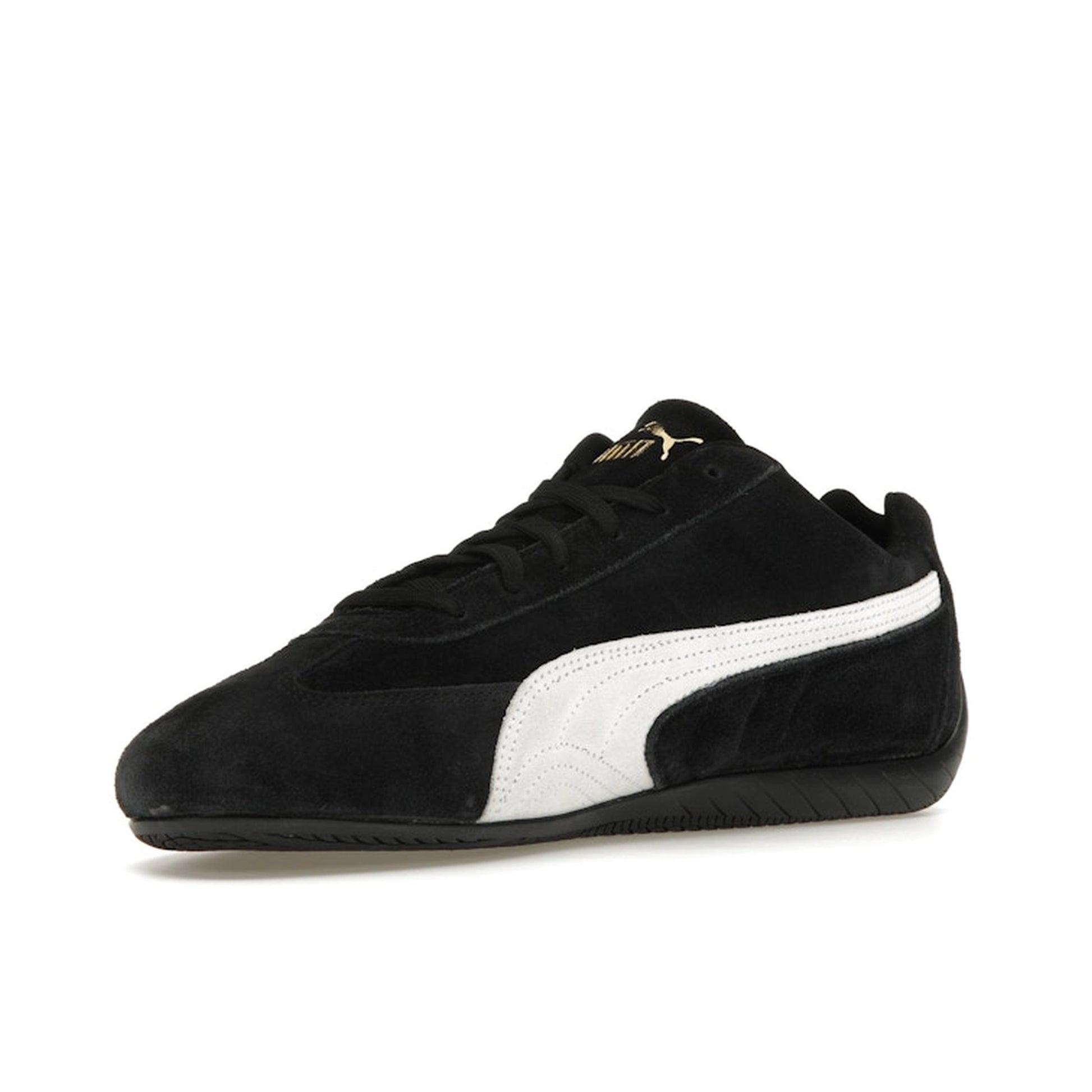 Puma Speedcat OG Black White, front view, retro motorsport design with black suede and white details.