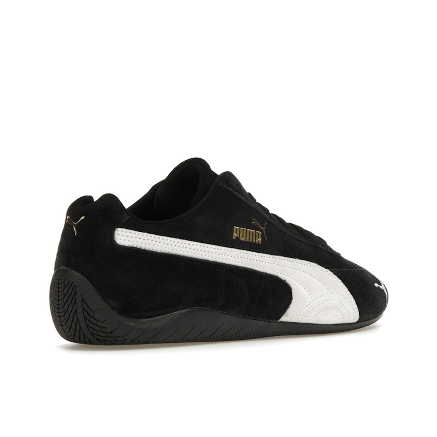 Puma Speedcat OG Black White, back view, retro motorsport design with black suede and white details.