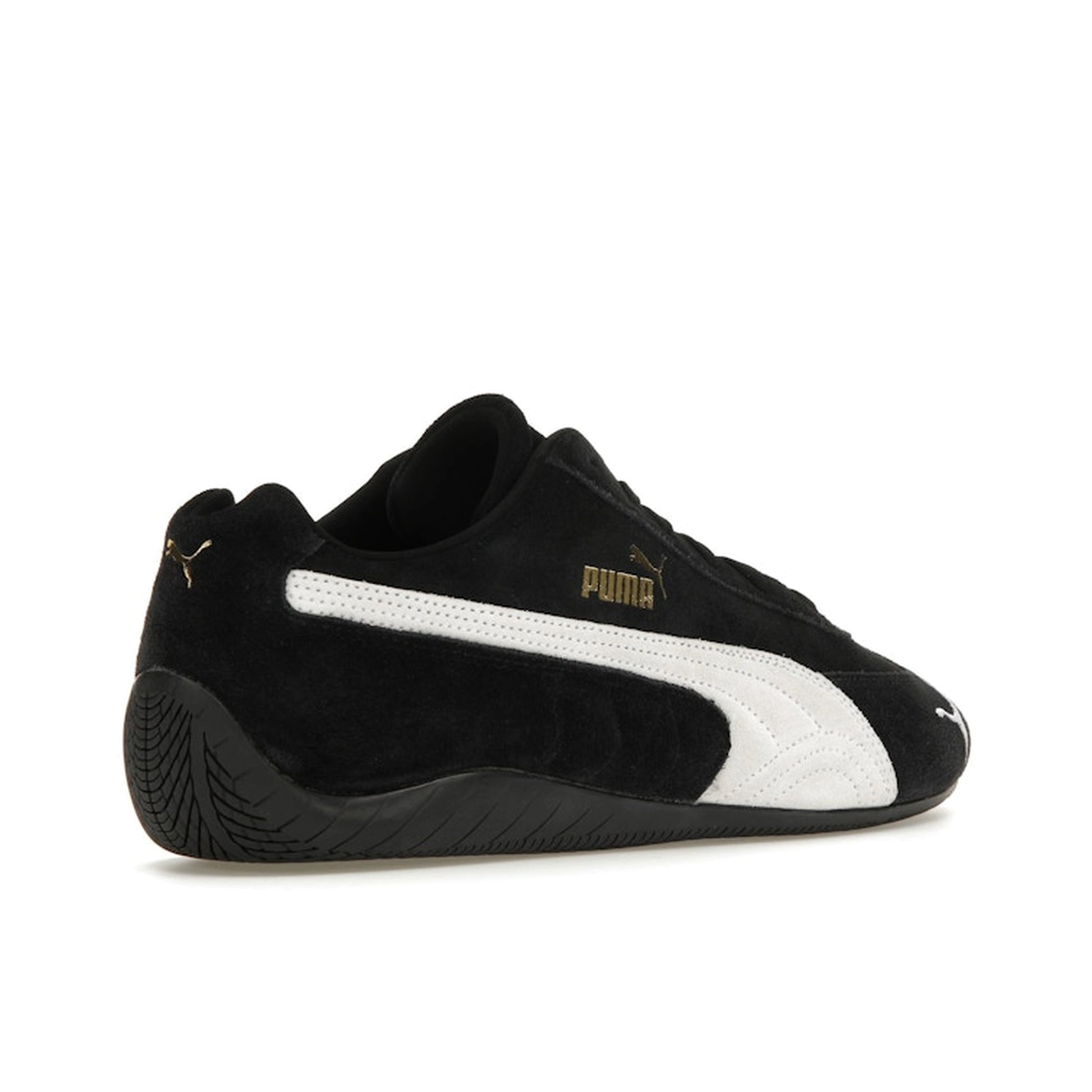 Puma Speedcat OG Black White, back view, retro motorsport design with black suede and white details.