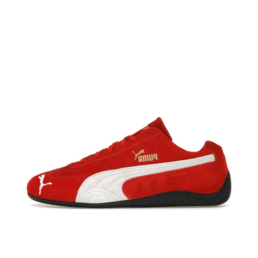 Puma Speedcat OG, side view, red suede upper with contrast white formstrip.