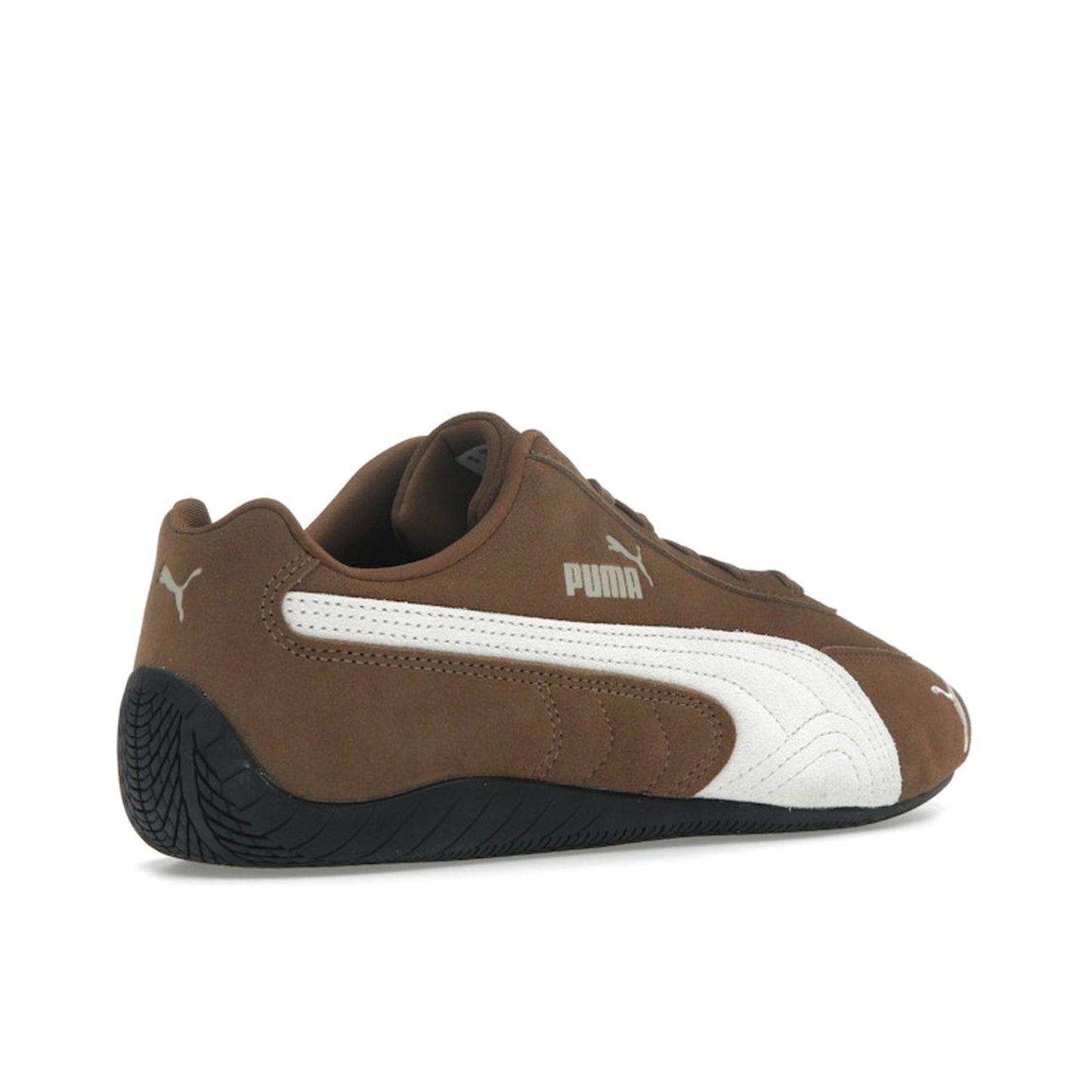 Puma Speedcat OG, back view, in haute coffee suede with frosted ivory formstrip.