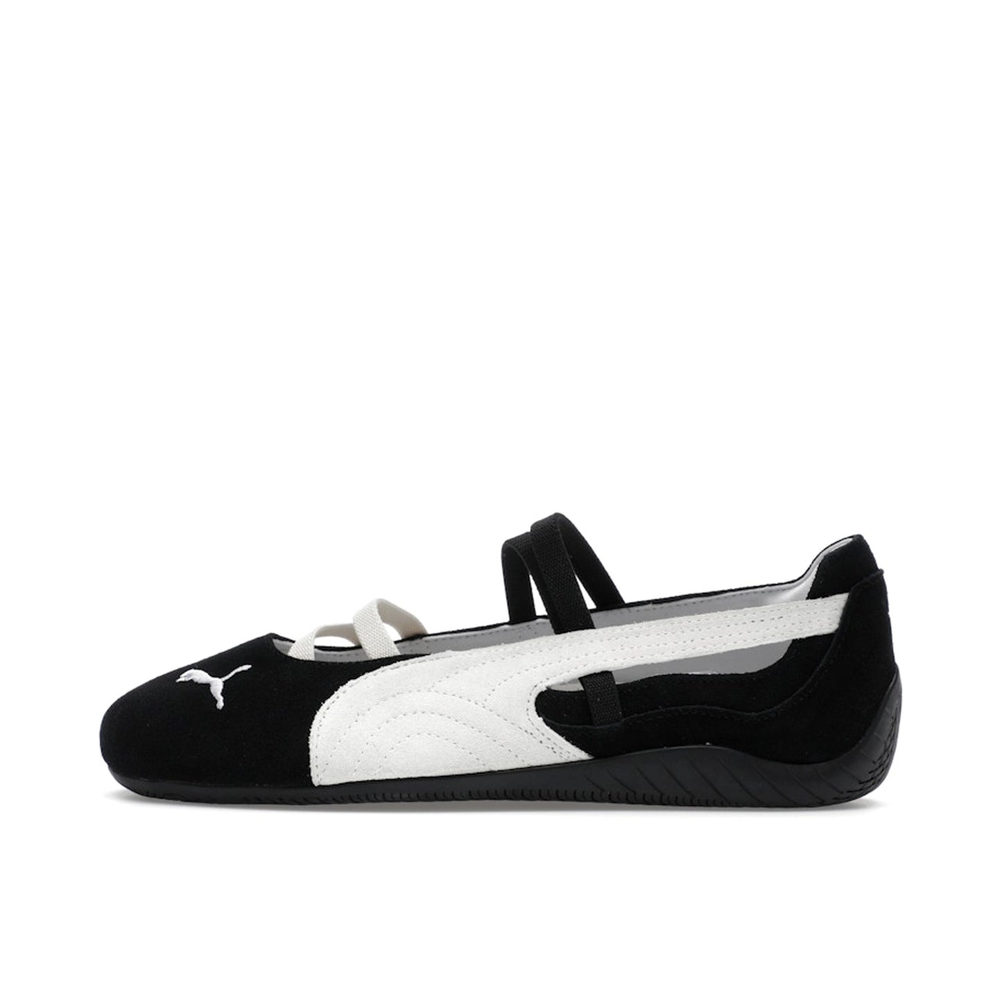 Puma Speedcat Ballet Black White, side view, sleek black silhouette with white Formstrip.