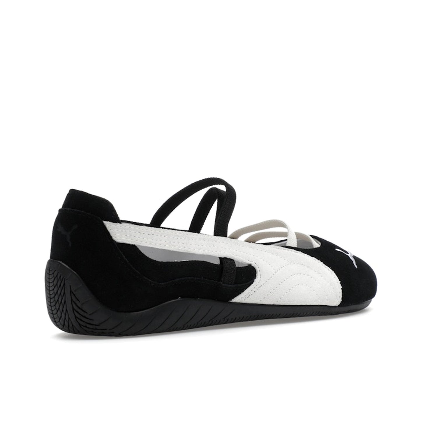 Puma Speedcat Ballet Black White, back view, sleek black silhouette with white Formstrip.