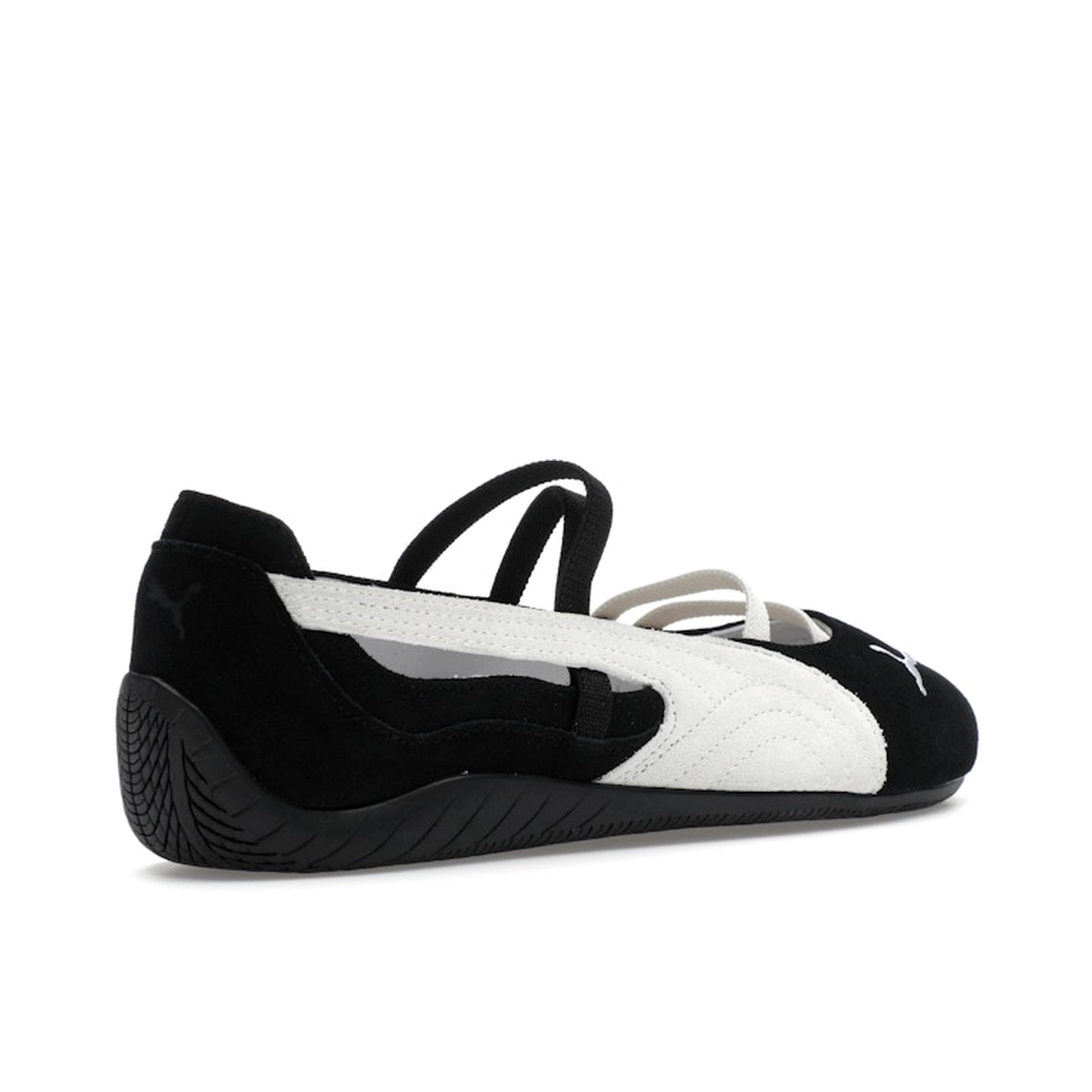Puma Speedcat Ballet Black White, back view, sleek black silhouette with white Formstrip.
