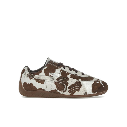 PUMA Speedcat OG Cow Print women's sneaker in chocolate brown leather with gum sole