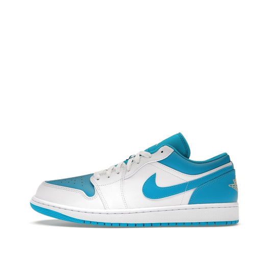 Air Jordan 1 Low sneakers, side view, model 553558-174, aquatone with white and navy accents.