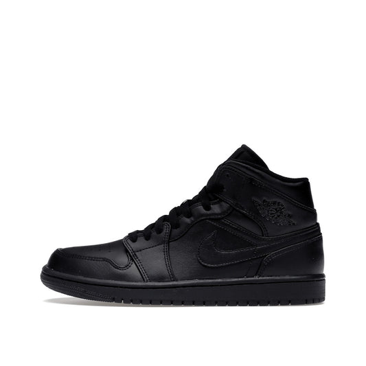 Jordan 1 Mid Triple Black sneakers, side view, in all-black leather.