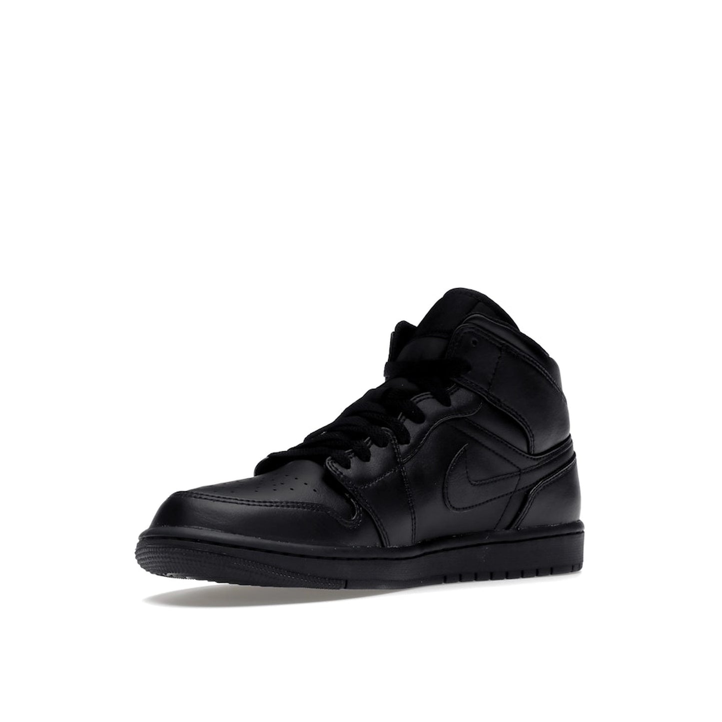 Jordan 1 Mid Triple Black sneakers, front view, in all-black leather.