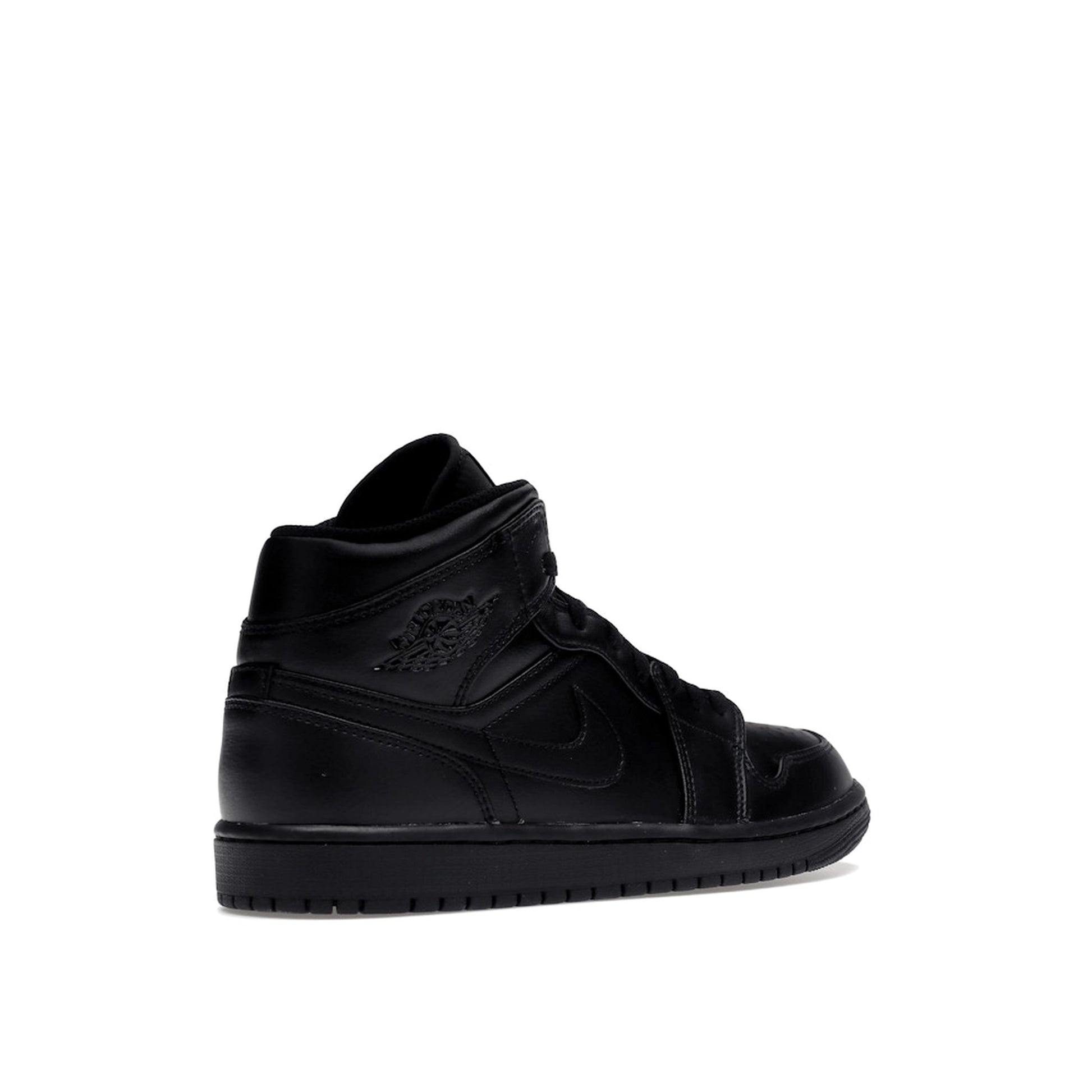 Jordan 1 Mid Triple Black sneakers, back view, in all-black leather.