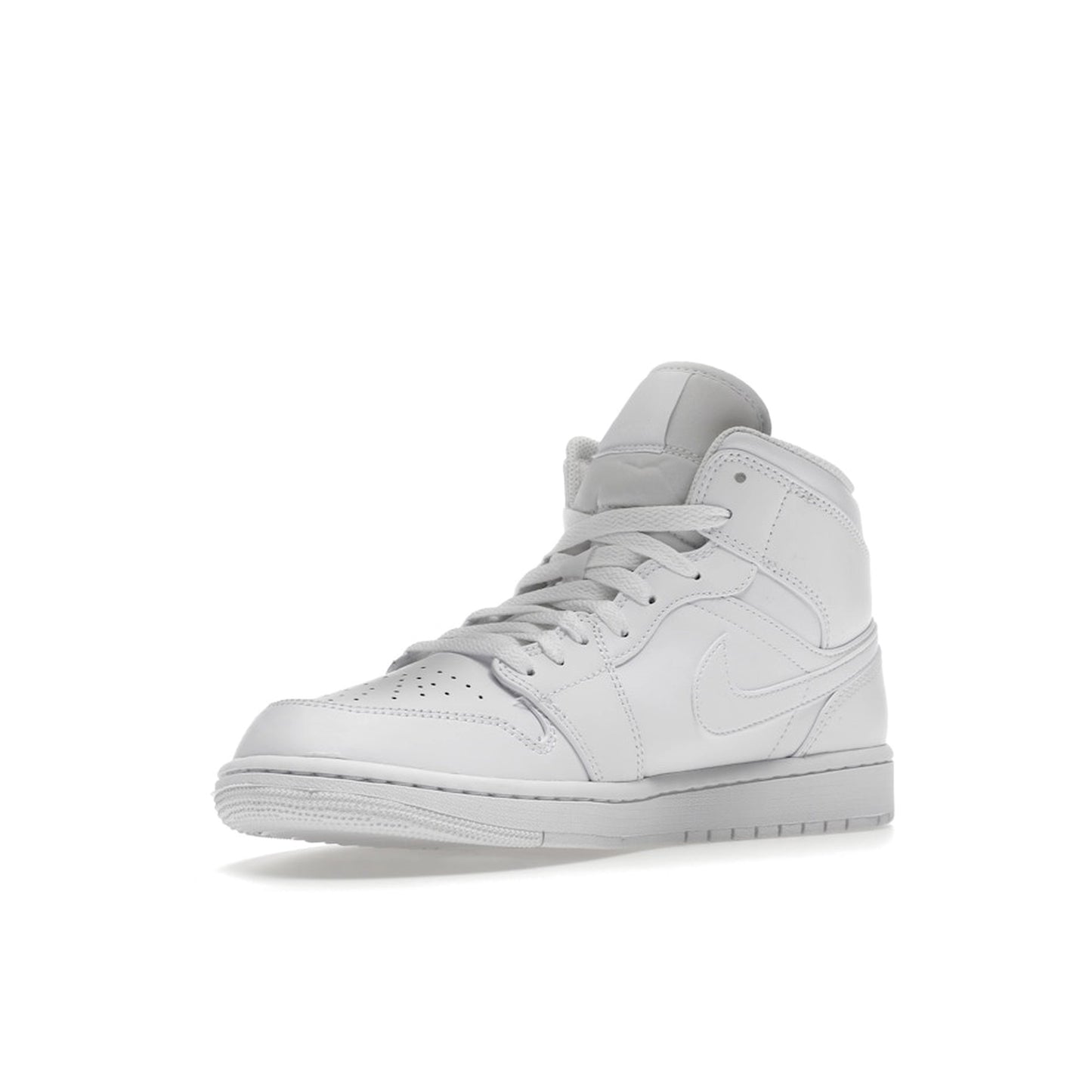 Air Jordan 1 Mid, front view, classic silhouette in full triple white colorway.