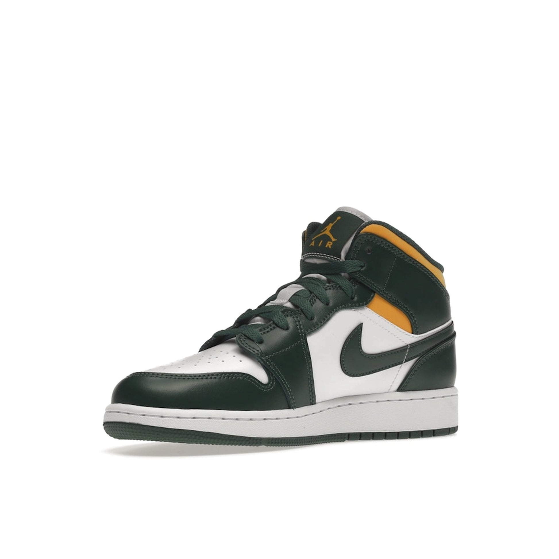 Jordan 1 Mid GS sneakers, front view, in green with yellow accents and white base.