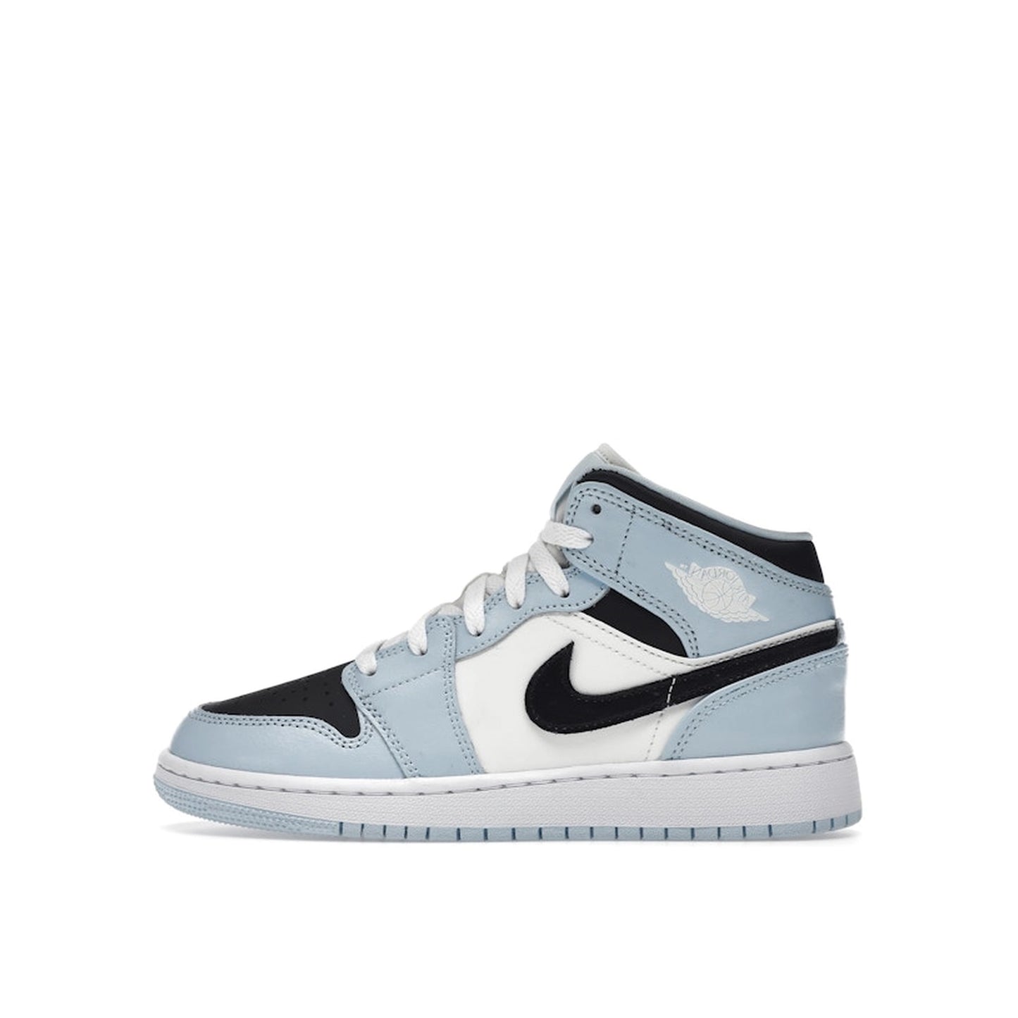 Jordan 1 Mid Ice Blue GS sneakers, side view, in ice blue with white and black details.