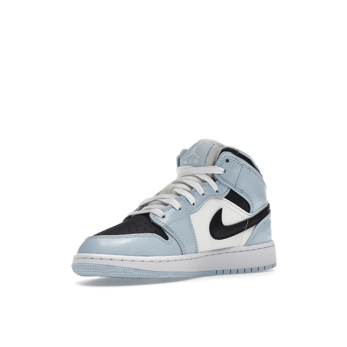 Jordan 1 Mid Ice Blue GS sneakers, front view, in ice blue with white and black details.