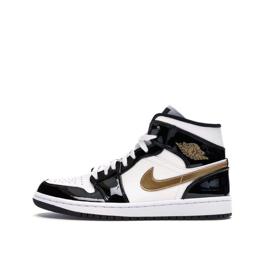 Jordan 1 Mid Patent Black White Gold sneakers, side view, model 852542-007, black, white, gold patent leather.