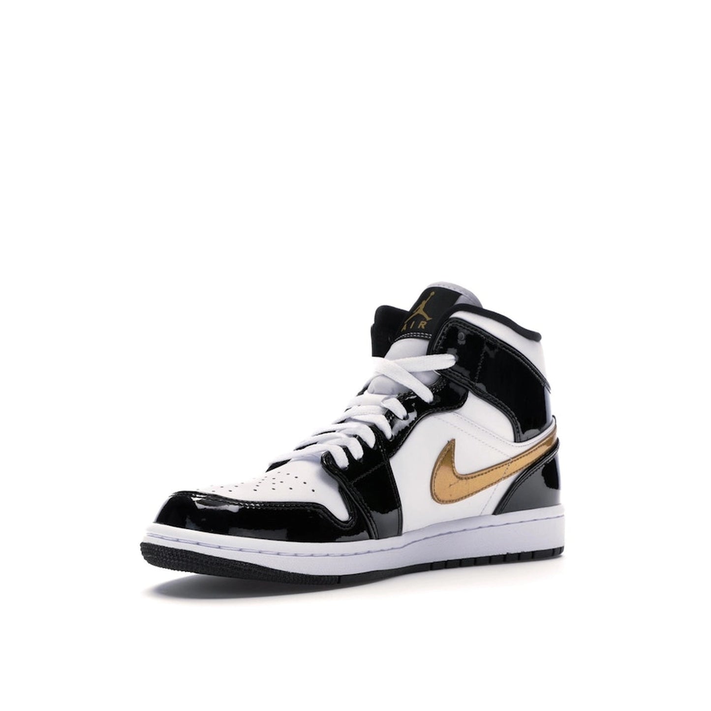 Jordan 1 Mid Patent Black White Gold sneakers, front view, model 852542-007, black, white, gold patent leather.