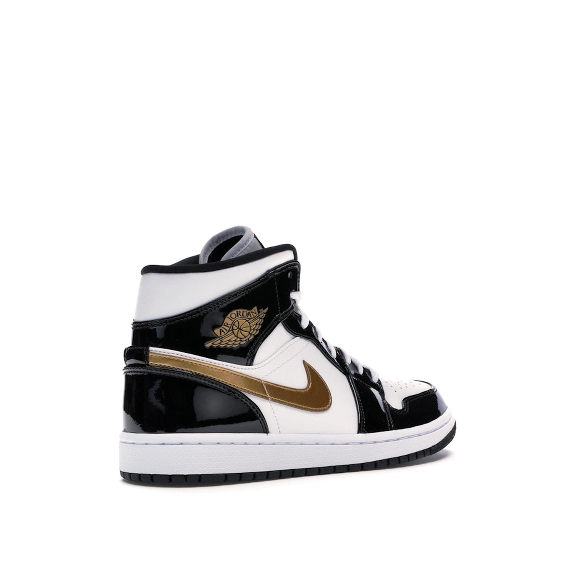 Jordan 1 Mid Patent Black White Gold sneakers, back view, model 852542-007, black, white, gold patent leather.