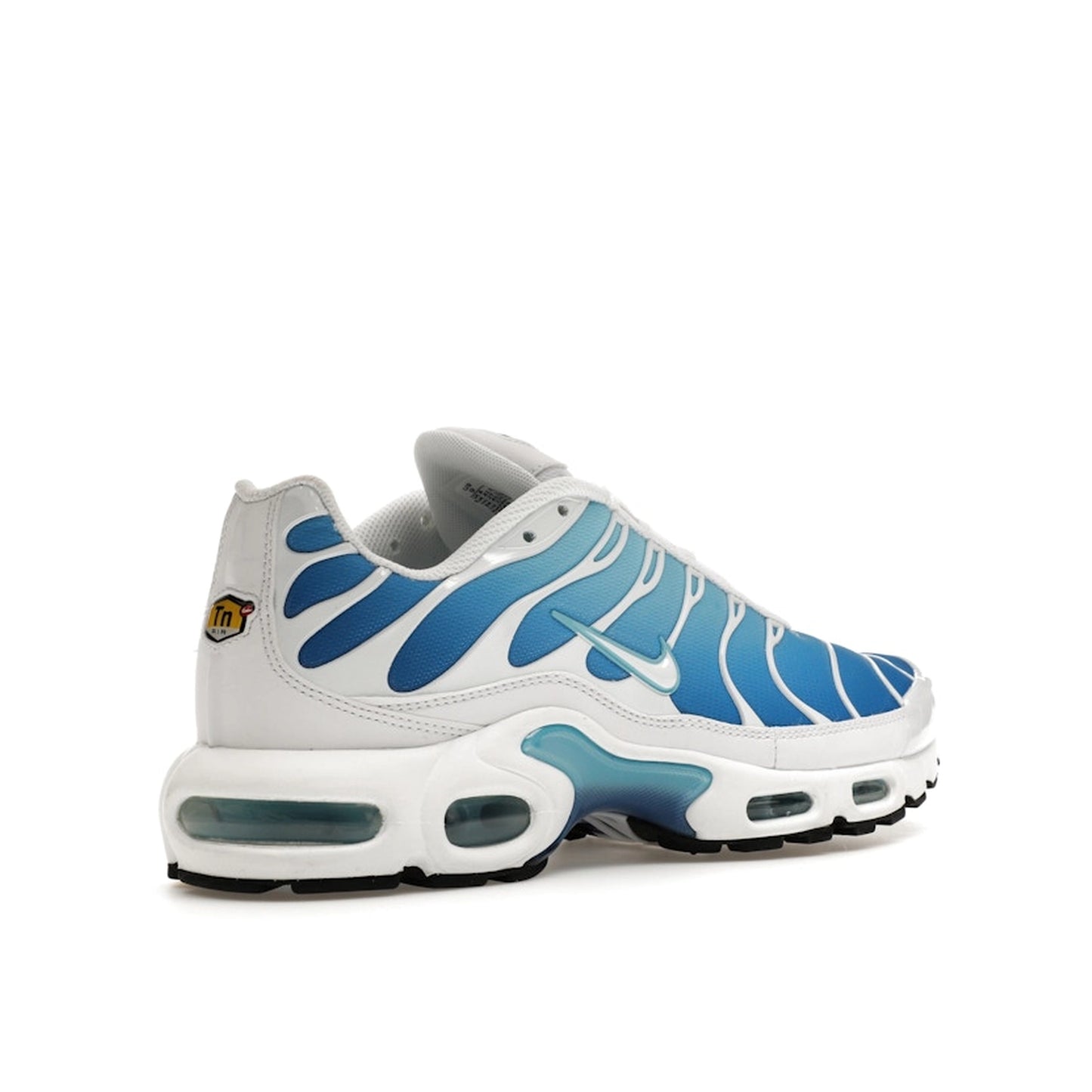 Nike Air Max Plus sneakers, back view, model 852630-411, in sky blue with black accents.