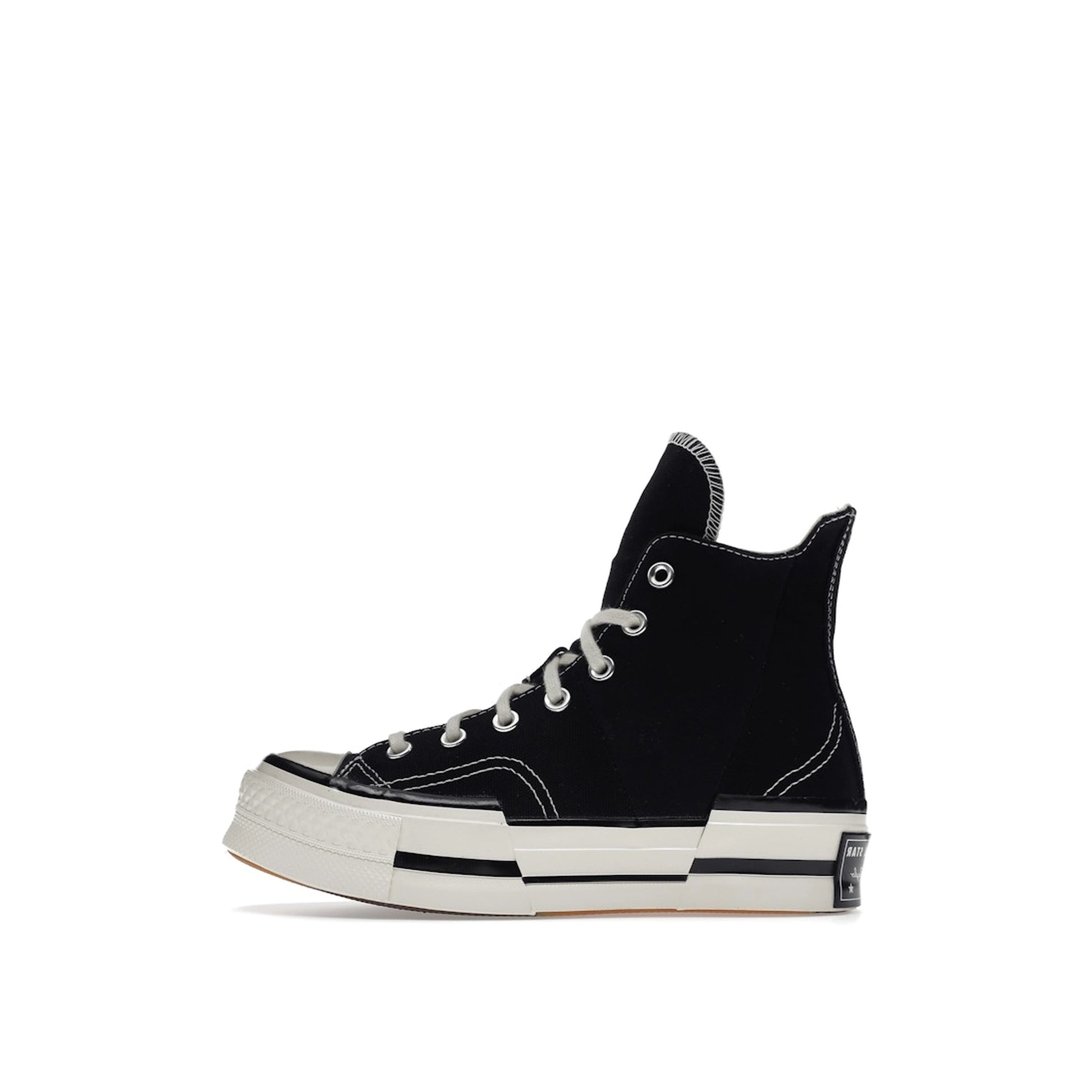 Converse Chuck Taylor All Star 70 Hi Plus sneakers, side view, model A00916C-1, black canvas with white details.