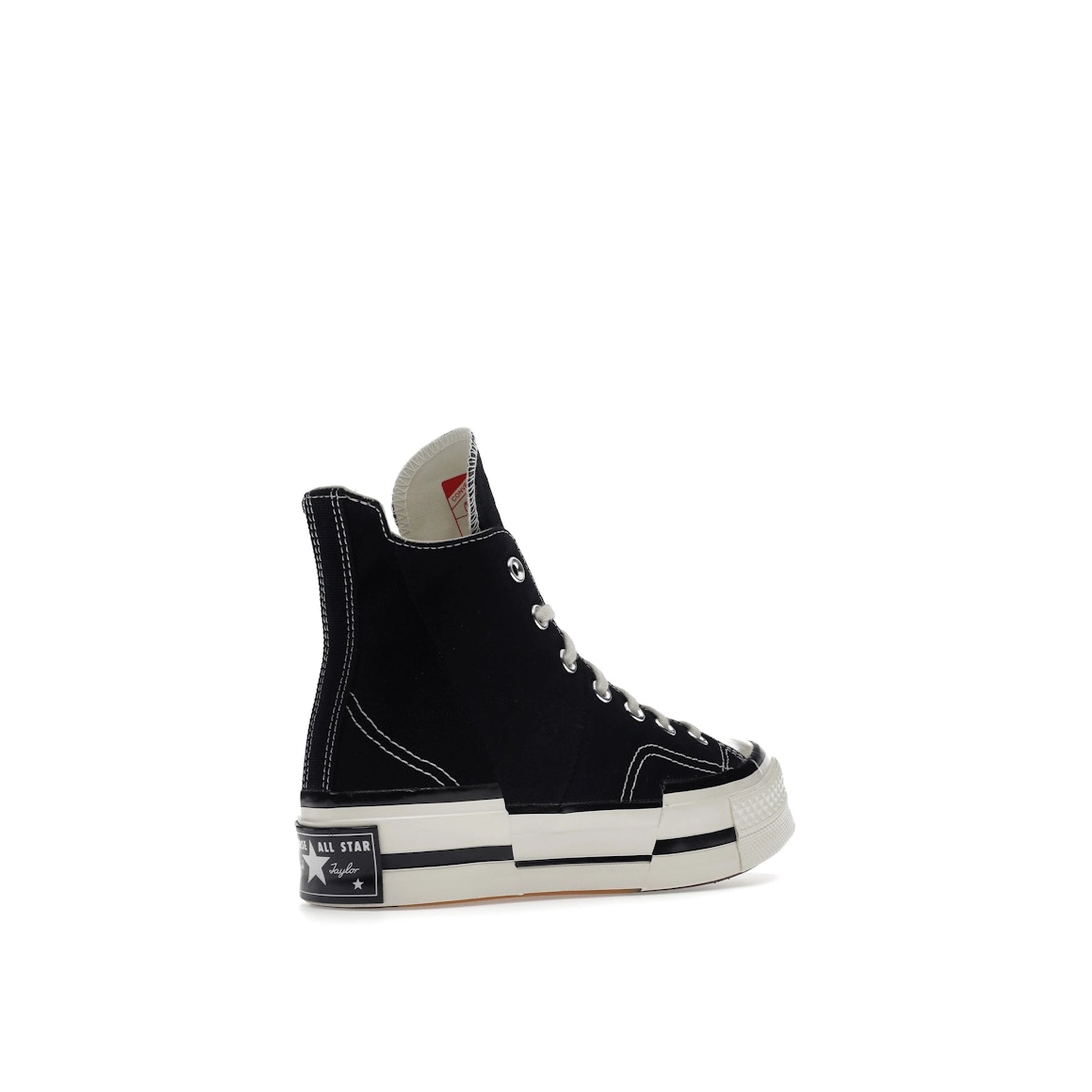 Converse Chuck Taylor All Star 70 Hi Plus sneakers, back view, model A00916C-1, black canvas with white details.