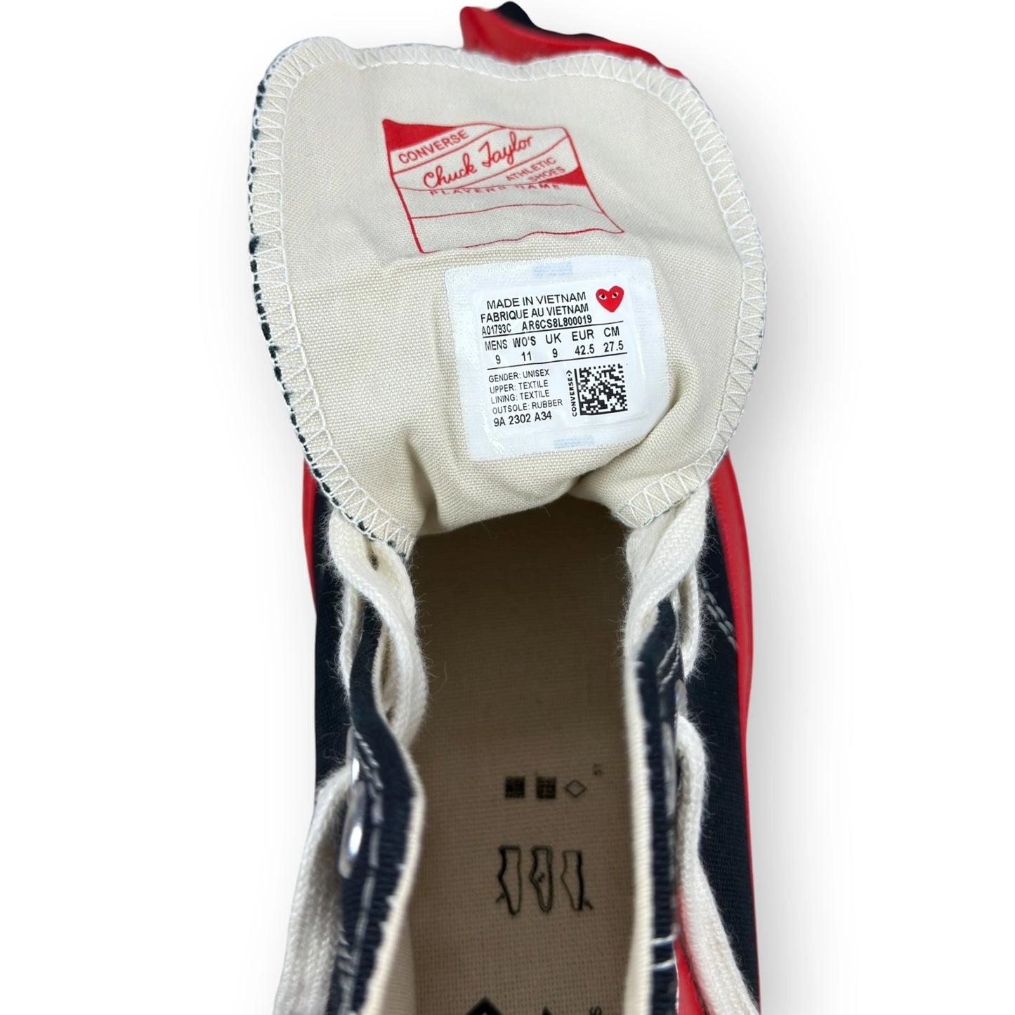 Converse Chuck Taylor All Star 70 Hi CDG PLAY Black Red Midsole A01793C – EU 42.5, brand new with original box