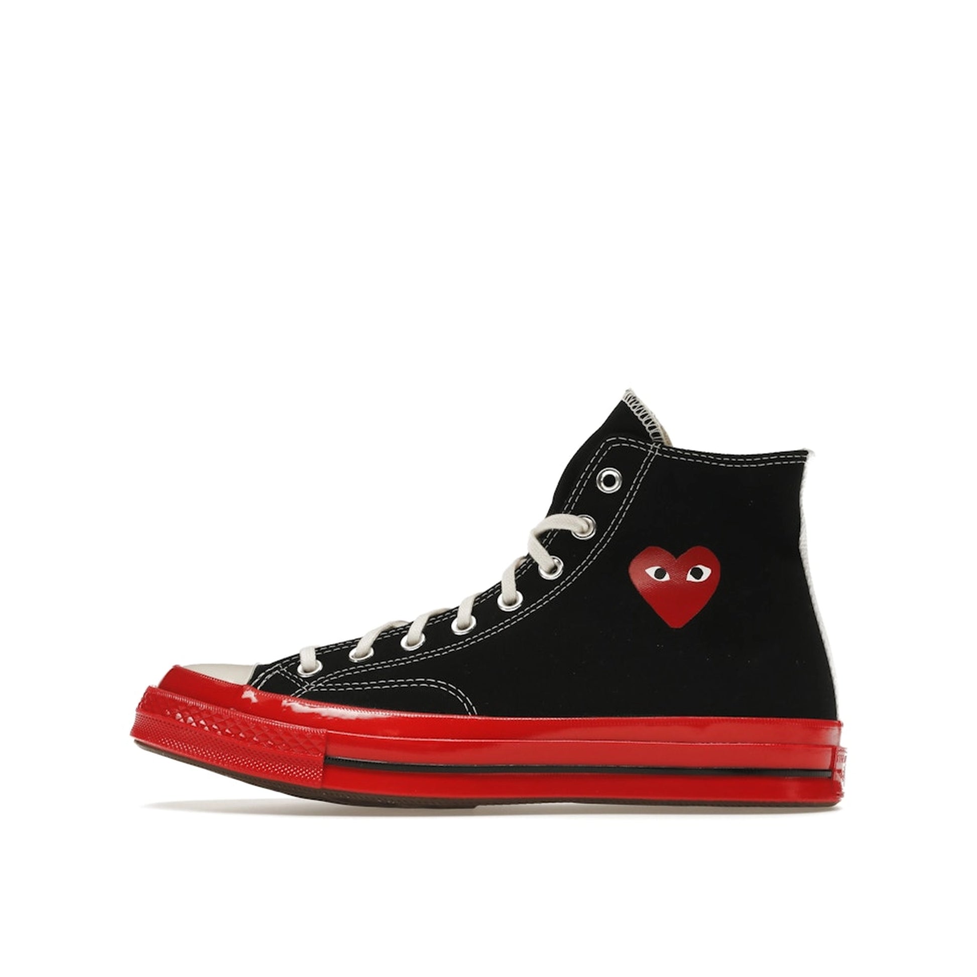 Converse Chuck Taylor All Star 70 Hi CDG Play sneakers, side view, model A01793C, black with red midsole.