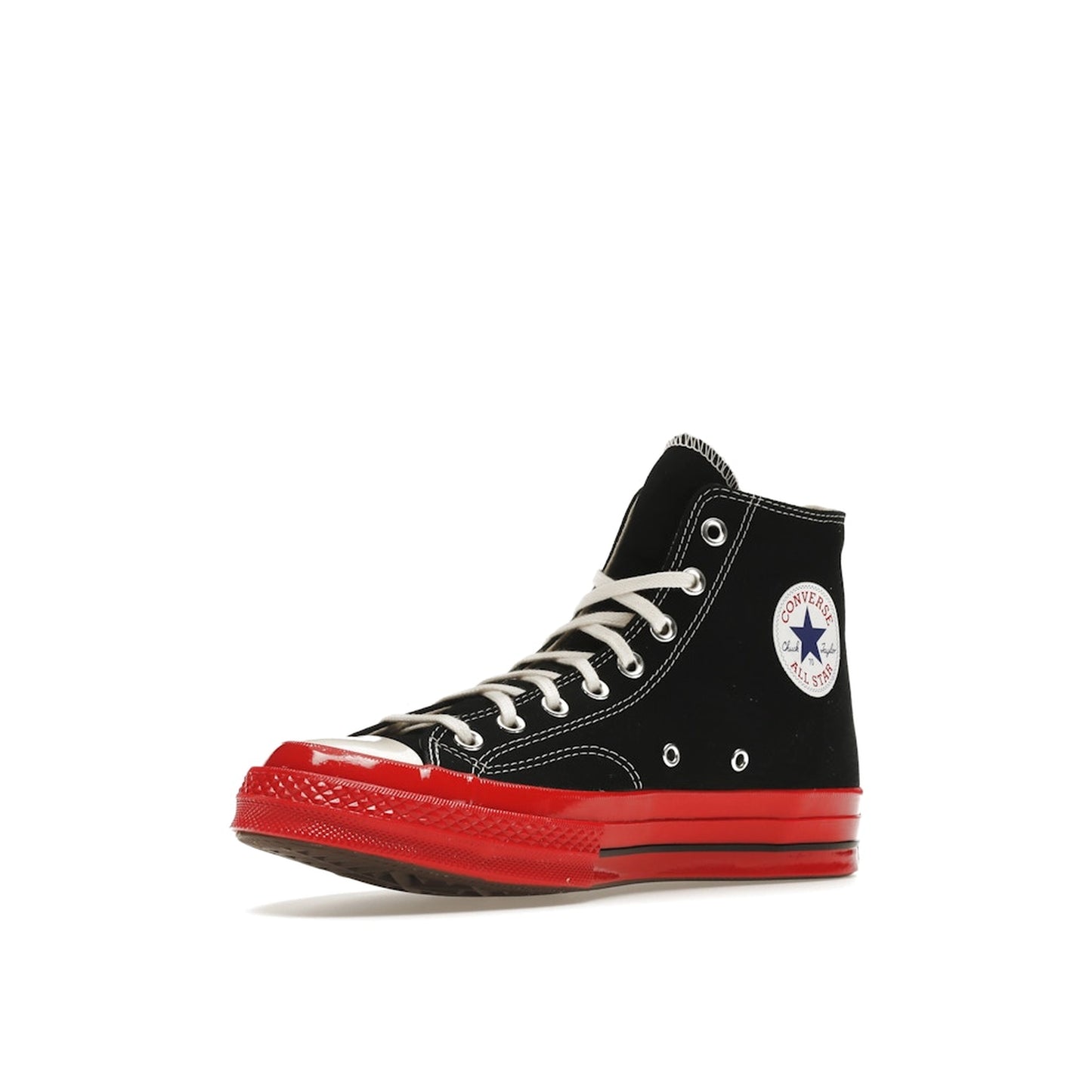 Converse Chuck Taylor All Star 70 Hi CDG Play sneakers, front view, model A01793C, black with red midsole.