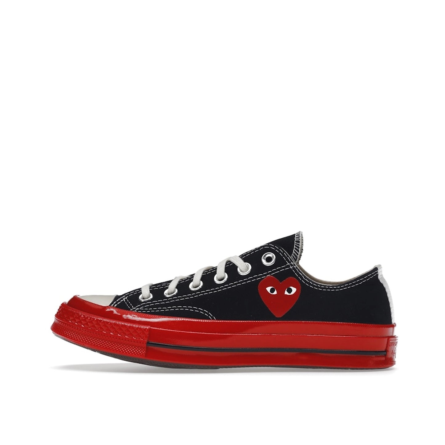 Converse Chuck Taylor All Star 70 Ox CDG Play sneakers, top view, model A01795C, black with red midsole and heart logo.