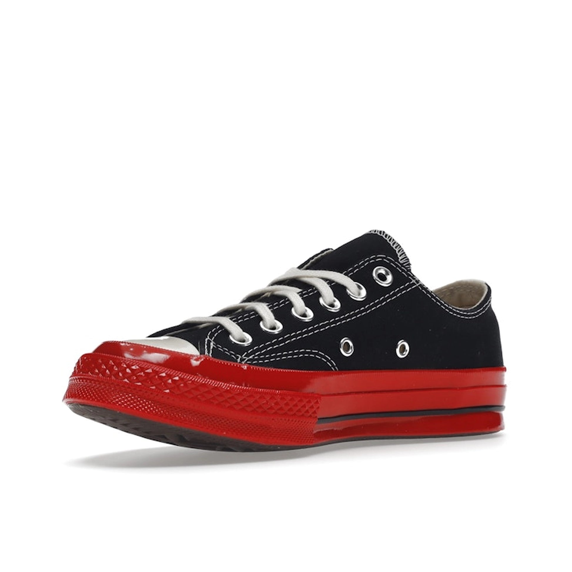 Converse Chuck Taylor All Star 70 Ox CDG Play sneakers, top view, model A01795C, black with red midsole and heart logo.