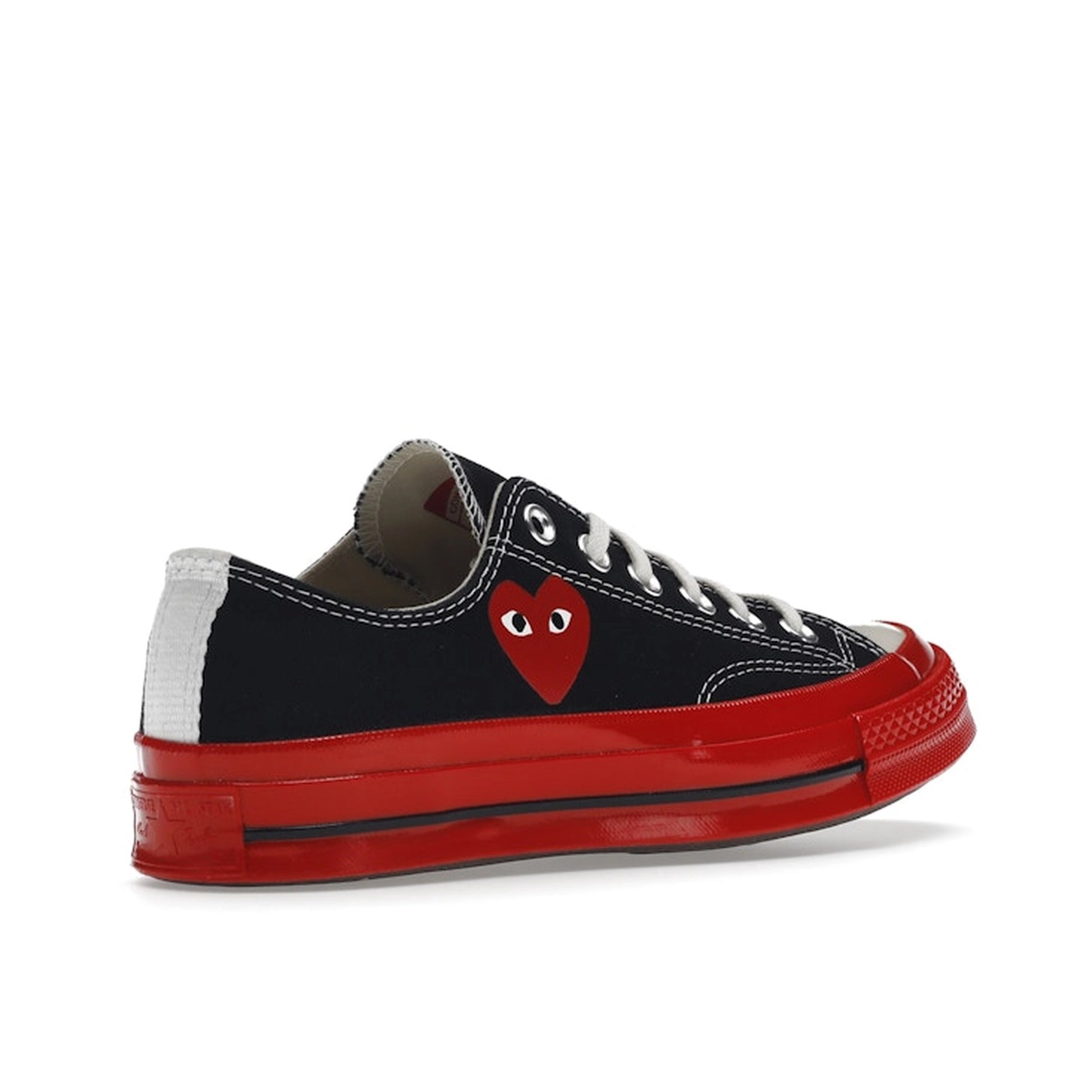 Converse Chuck Taylor All Star 70 Ox CDG Play sneakers, top view, model A01795C, black with red midsole and heart logo.