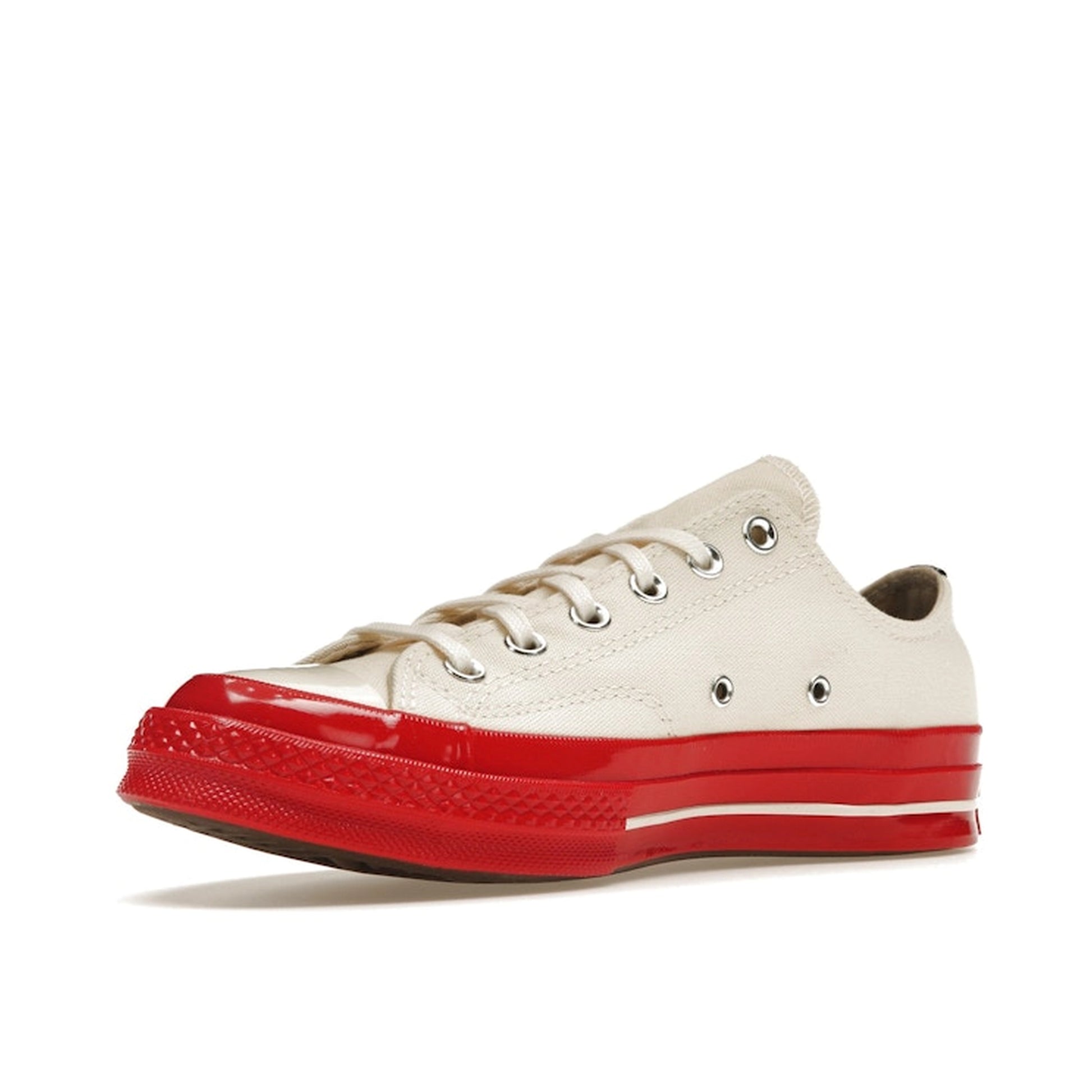 Converse Chuck Taylor All Star 70 Ox CDG Play sneakers, top view, model A01796C, Egret with red midsole.