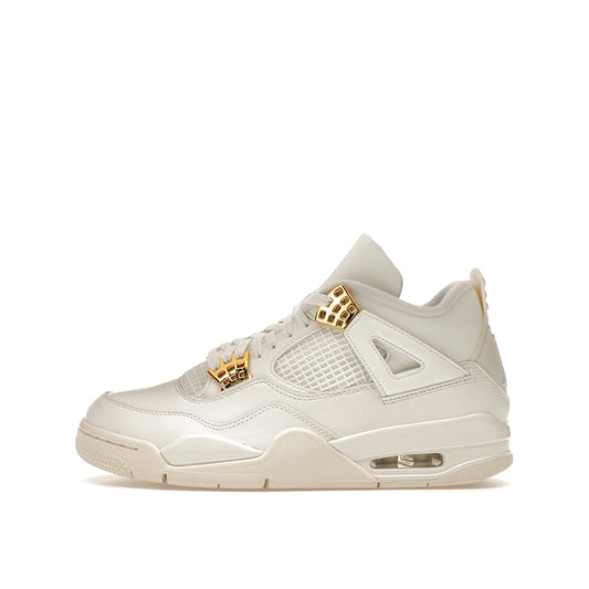 Jordan 4 Retro Metallic Gold Women's sneakers, side view, model AQ9129-170, in white with metallic gold accents.