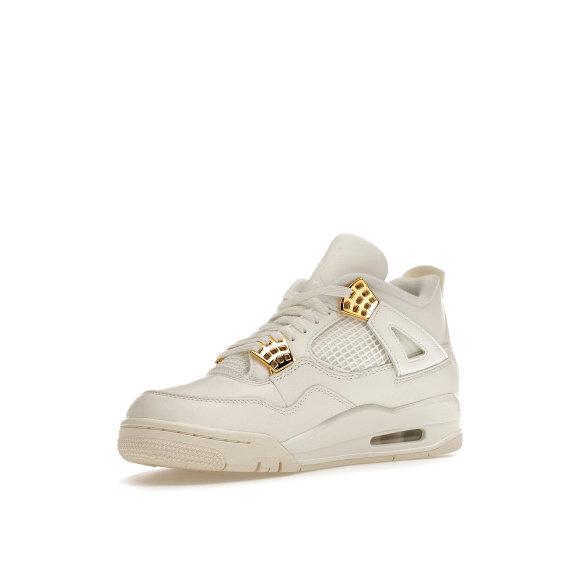 Jordan 4 Retro Metallic Gold Women's sneakers, front view, model AQ9129-170, in white with metallic gold accents.