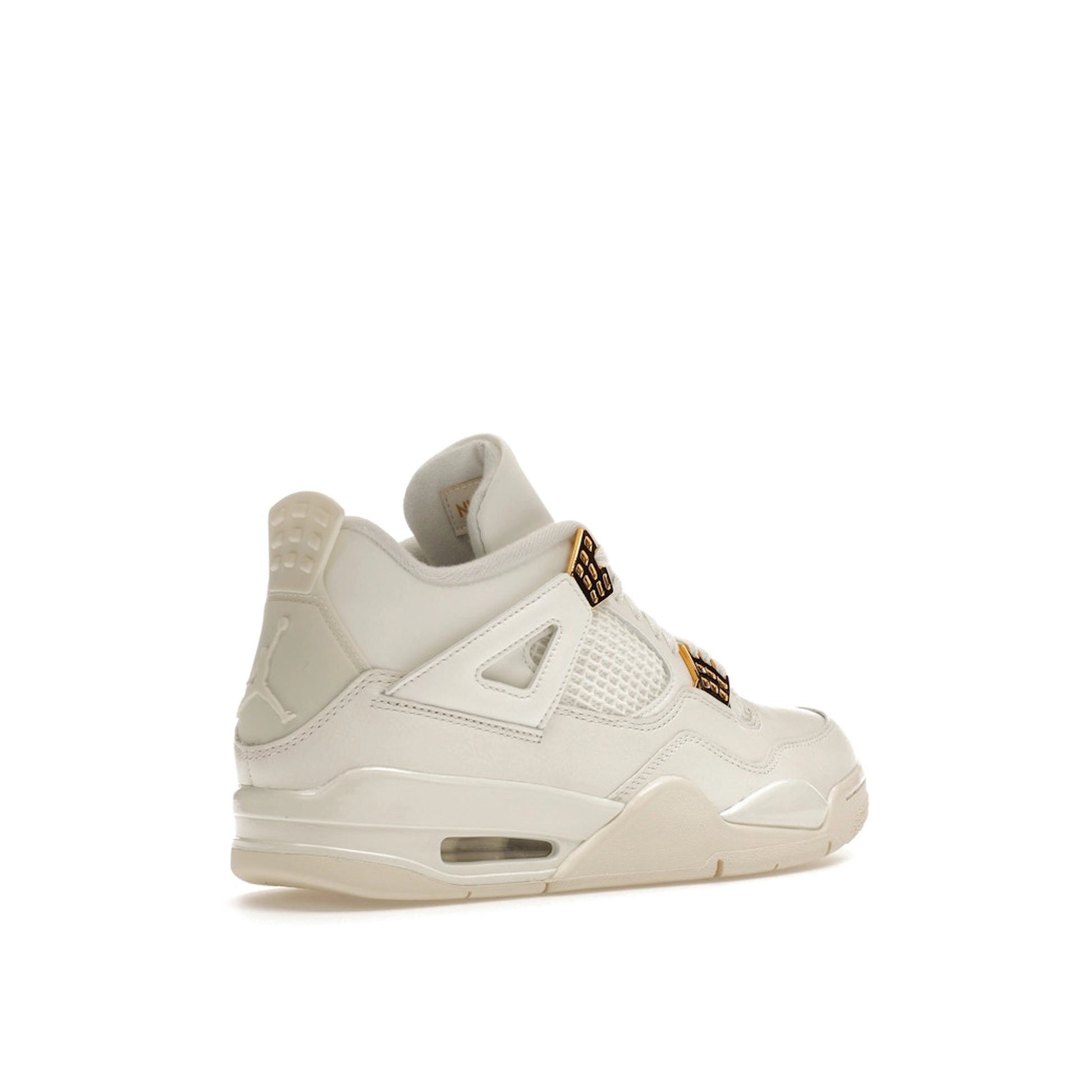 Jordan 4 Retro Metallic Gold Women's sneakers, back view, model AQ9129-170, in white with metallic gold accents.