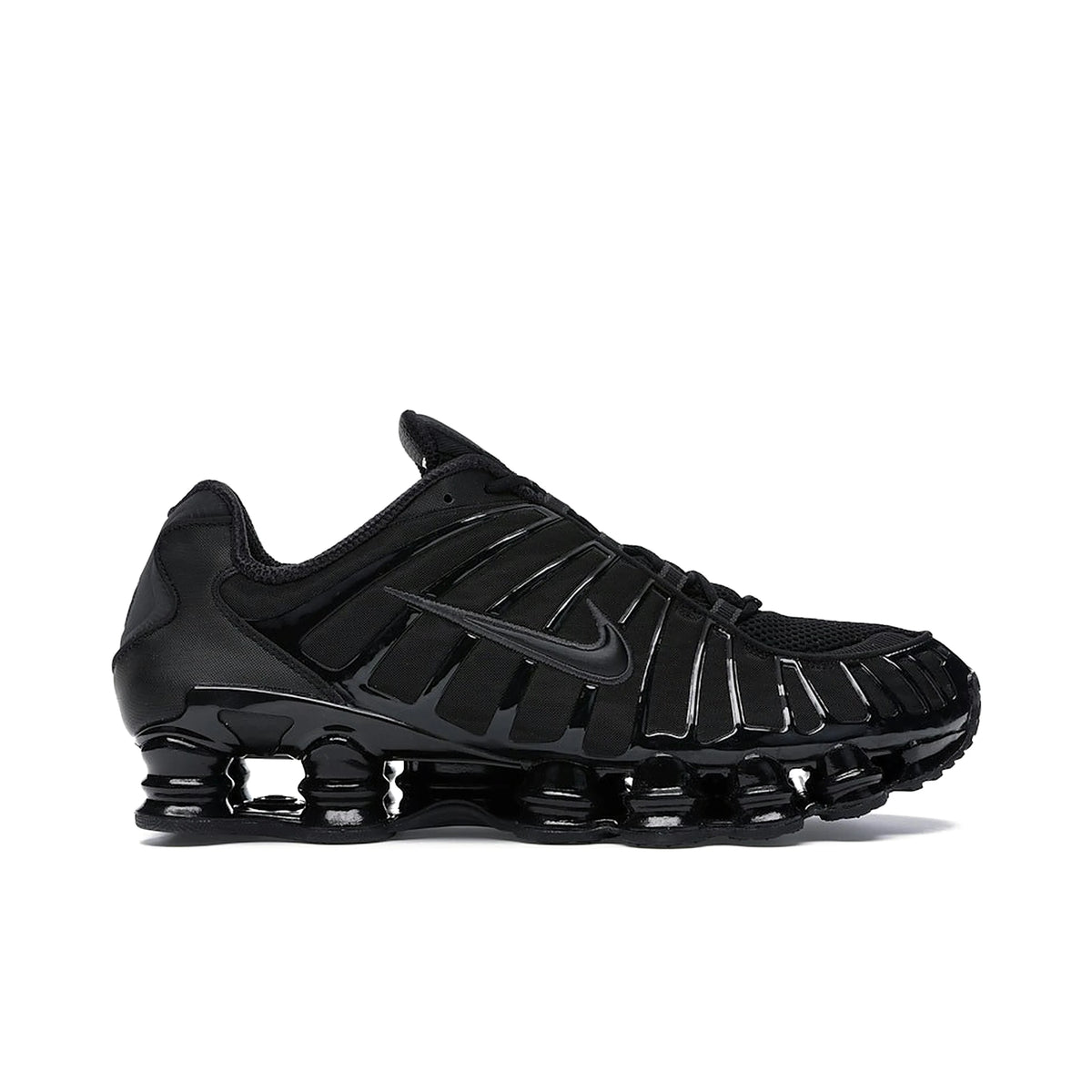Nike Shox TL Black Metallic Hematite men’s leather sneakers, black with orange accents.