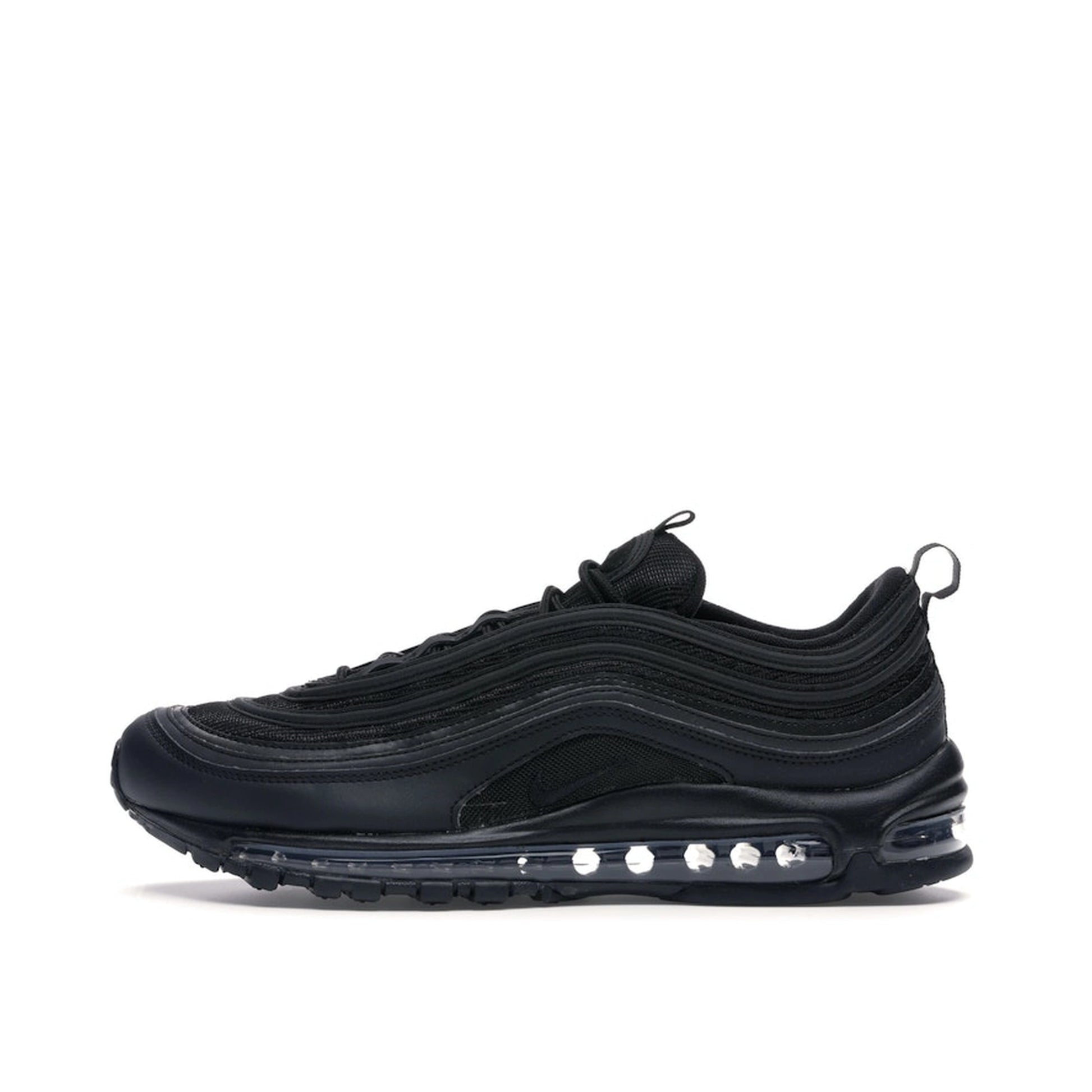 Nike Air Max 97 Triple Black sneakers, side view, featuring an all-black upper and sole.