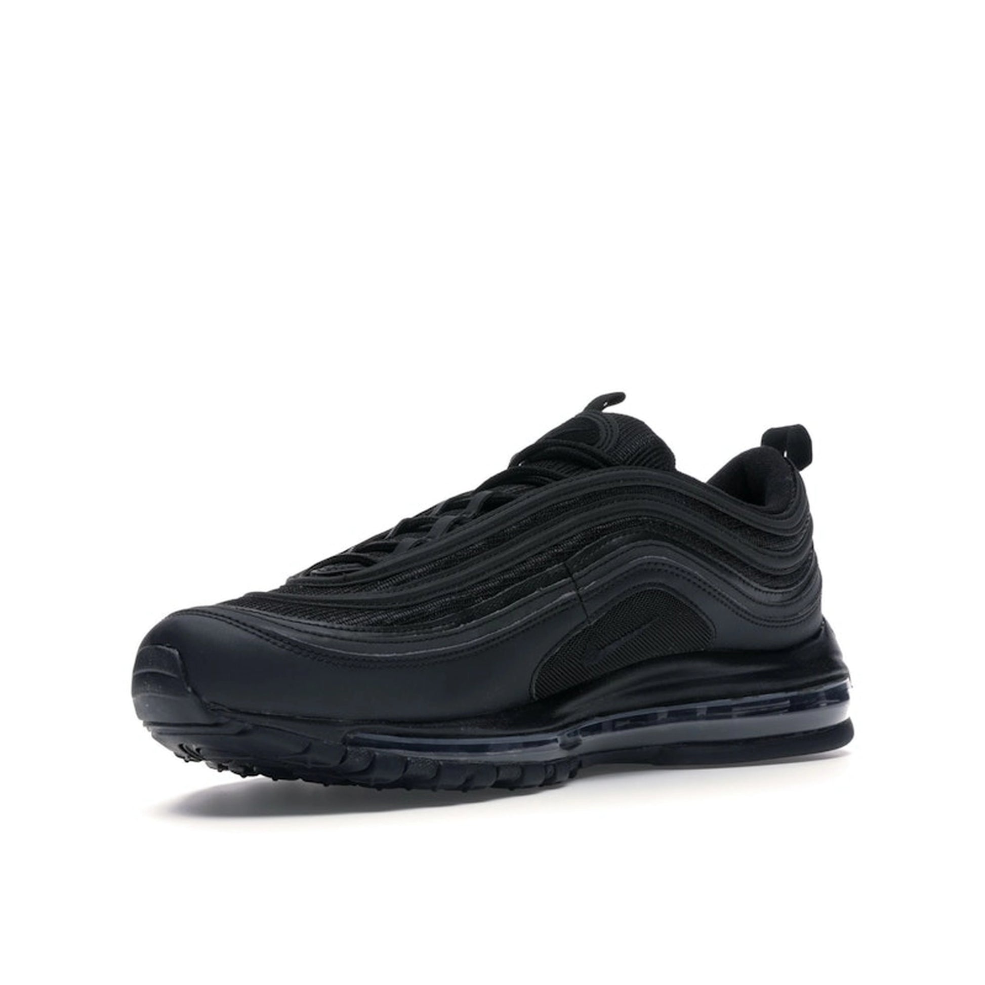 Nike Air Max 97 Triple Black sneakers, front view, featuring an all-black upper and sole.