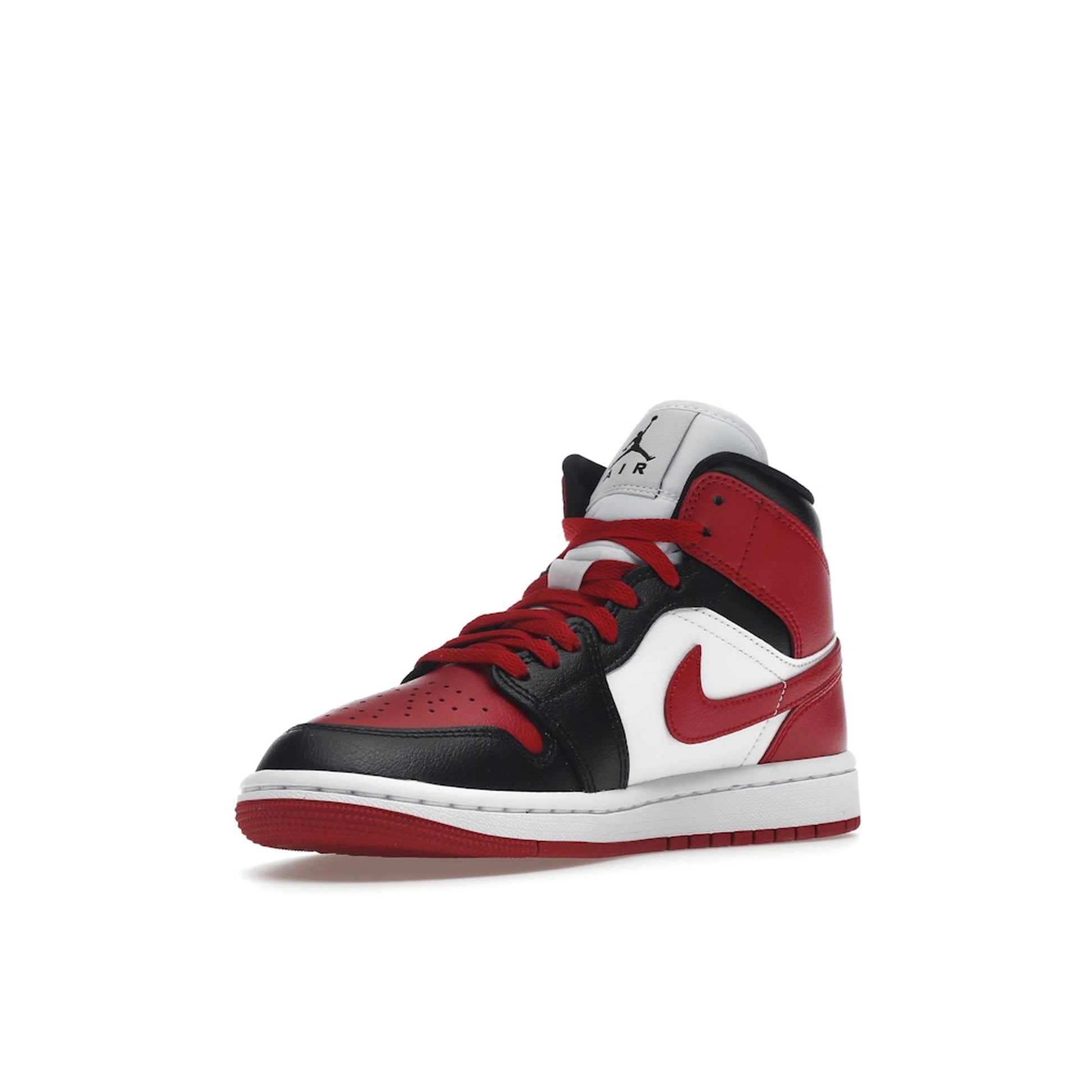 Air Jordan 1 Mid Women’s sneakers, front view, in alternate bred toe colorway with red, black, and white.