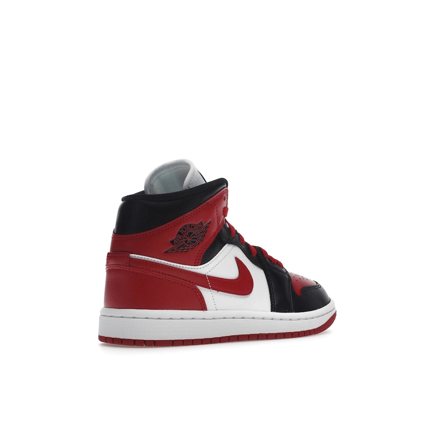Air Jordan 1 Mid Women’s sneakers, back view, in alternate bred toe colorway with red, black, and white.