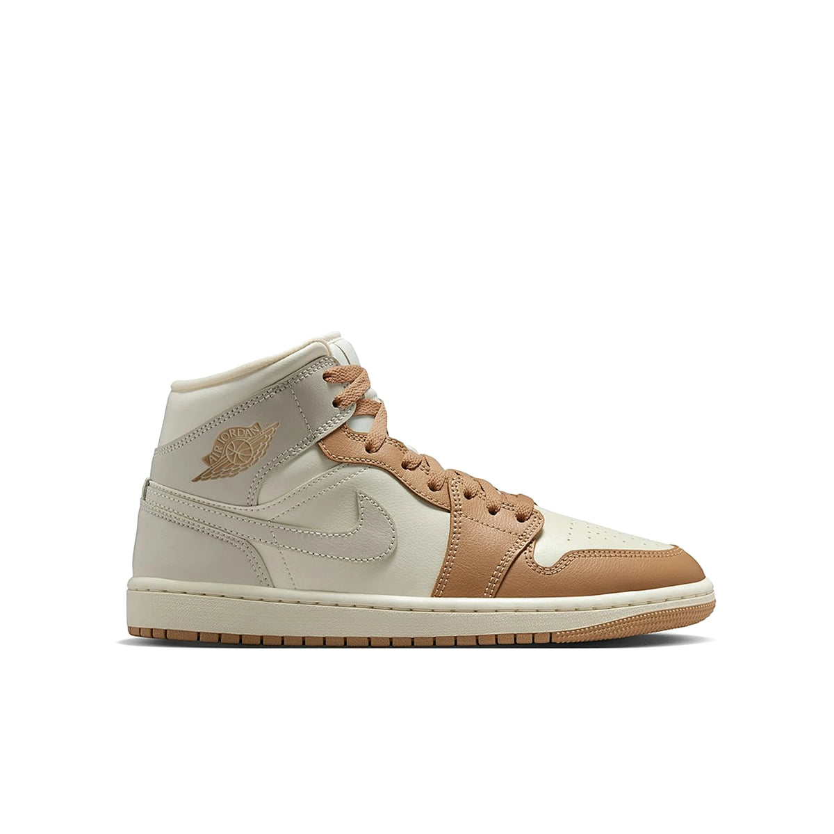 Jordan 1 Mid Tan Toe for women, pale ivory, hemp, sail, light orewood brown leather