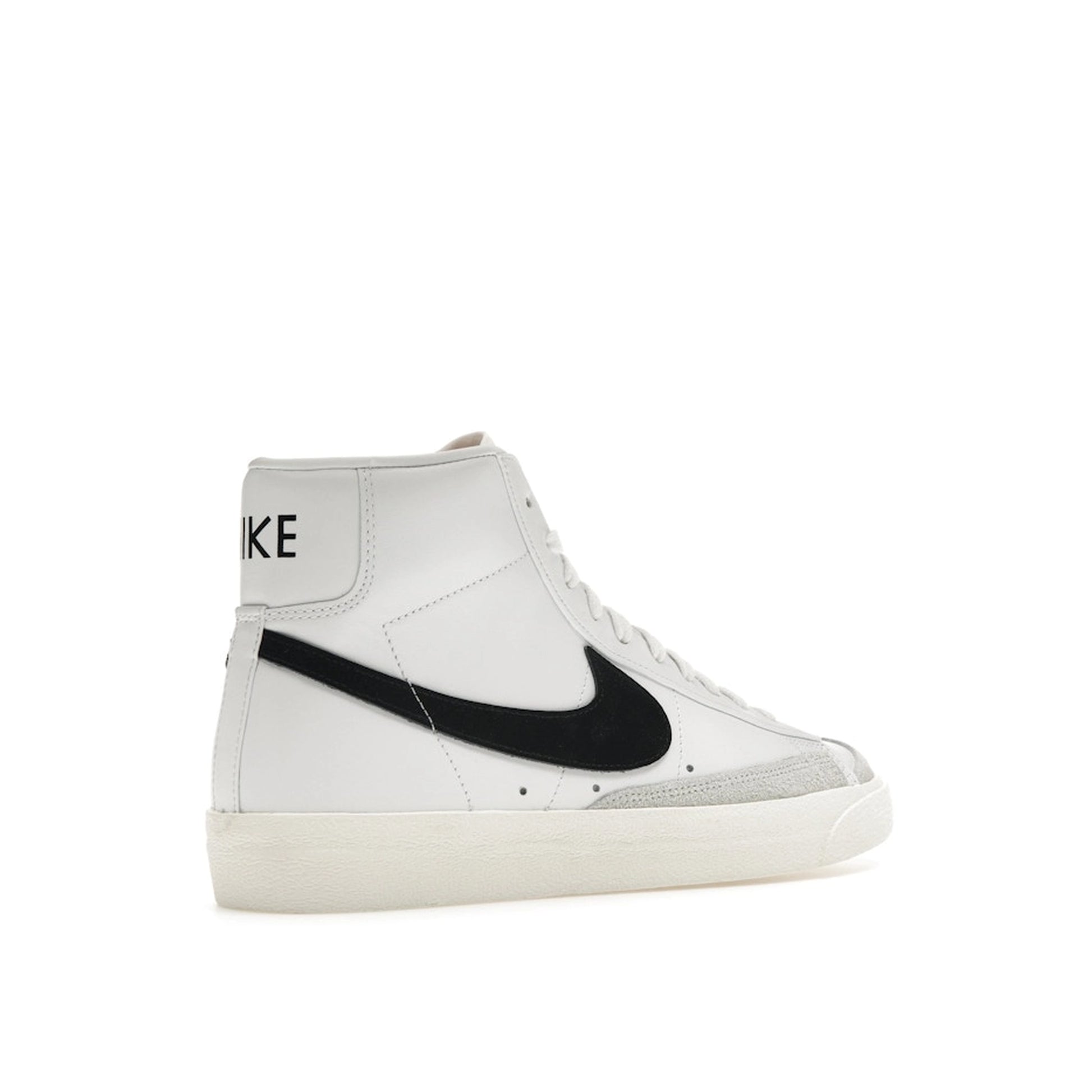 Nike Blazer Mid ’77 Vintage sneakers, back view, in white with black swoosh.