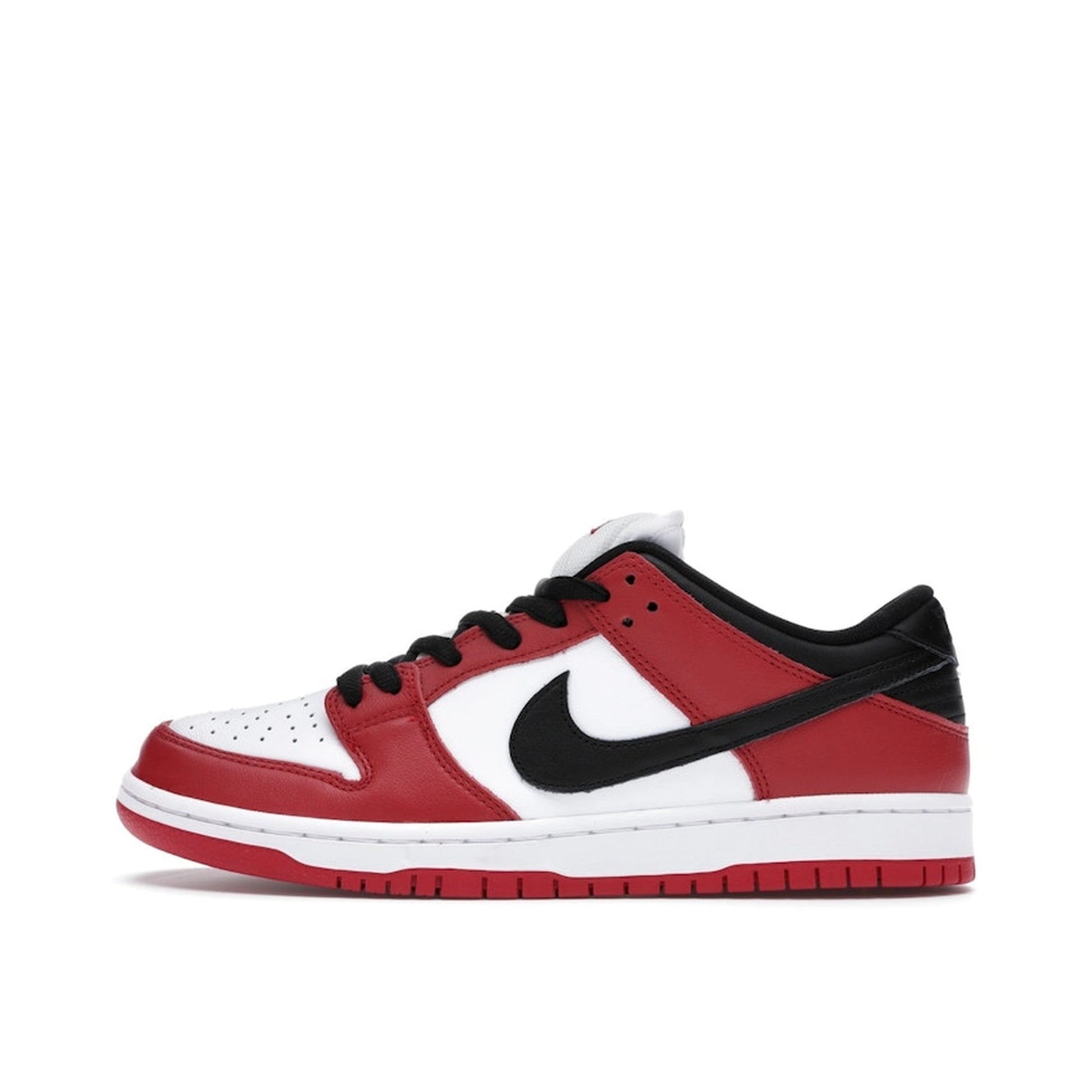 Nike SB Dunk Low Pro J Pack Chicago sneakers, side view, model BQ6817-600 in red and white with black accents.