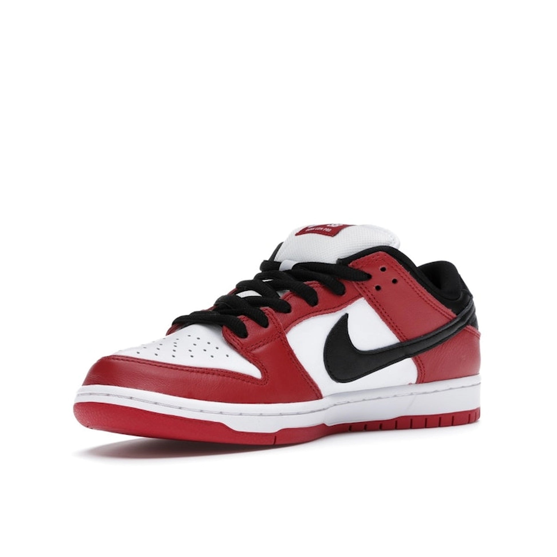 Nike SB Dunk Low Pro J Pack Chicago sneakers, front view, model BQ6817-600 in red and white with black accents.