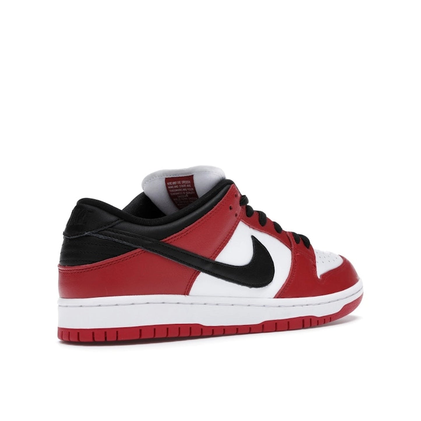 Nike SB Dunk Low Pro J Pack Chicago sneakers, back view, model BQ6817-600 in red and white with black accents.