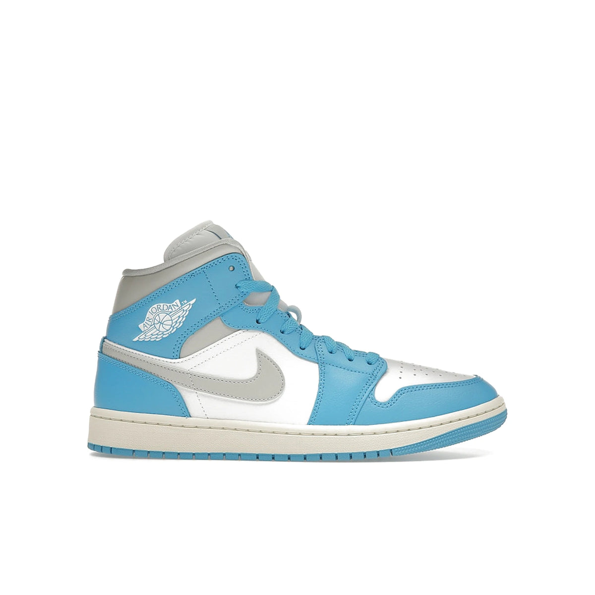 Jordan 1 Mid women’s sneaker in dark powder blue, white, sail and neutral grey leather