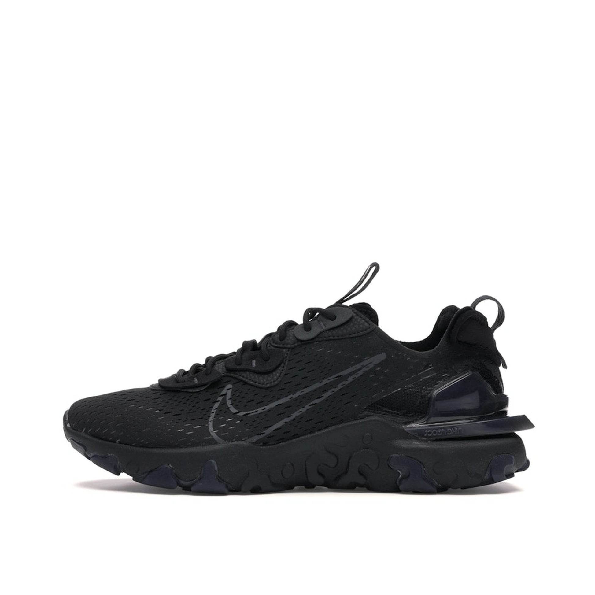 Nike React Vision sneakers in Black and Anthracite, side view, model CD4373-004 in black.