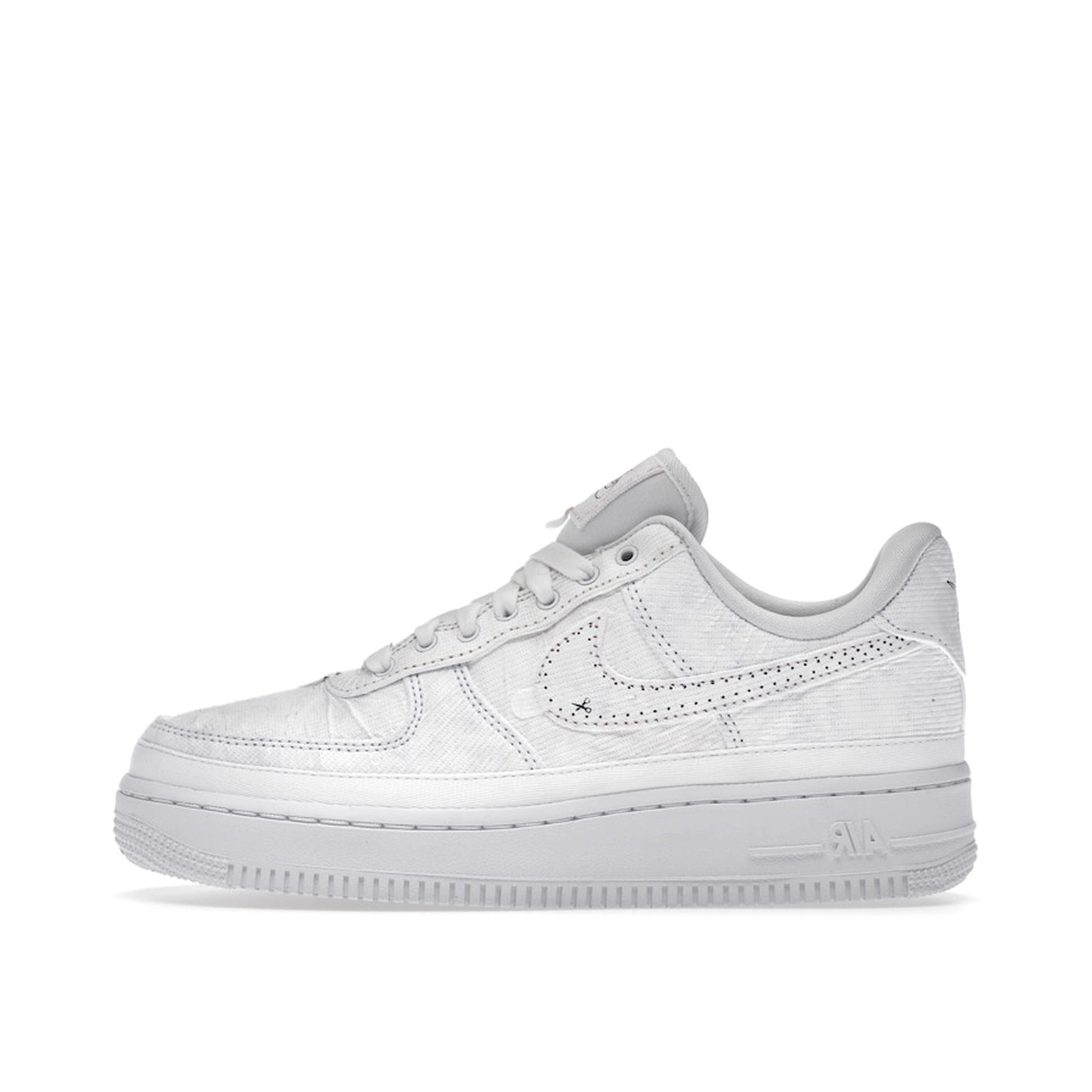 Nike Air Force 1 LX Tear Away Women's sneakers, side view, model CJ1650-101, in white with red tear-away swoosh.