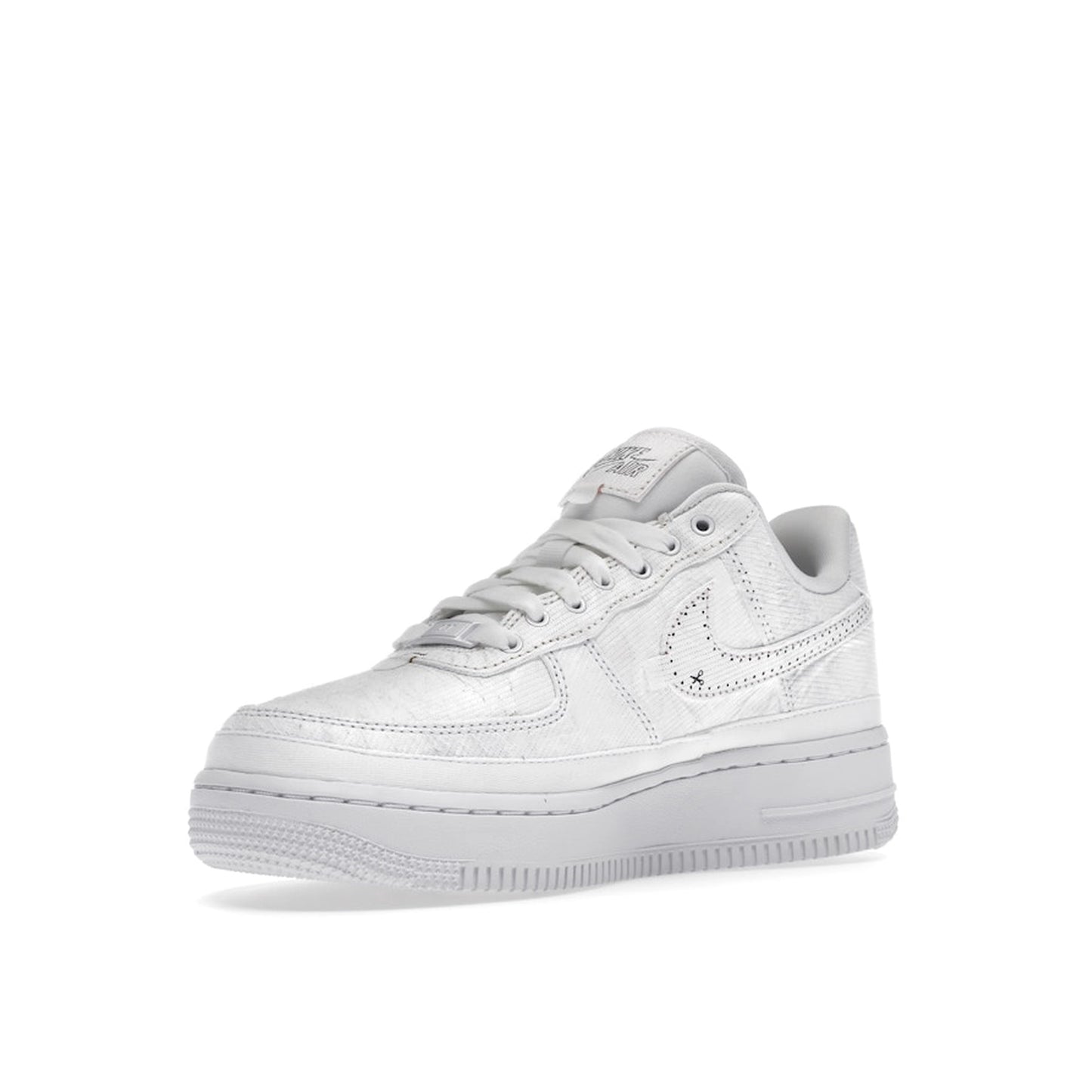 Nike Air Force 1 LX Tear Away Women's sneakers, front view, model CJ1650-101, in white with red tear-away swoosh.