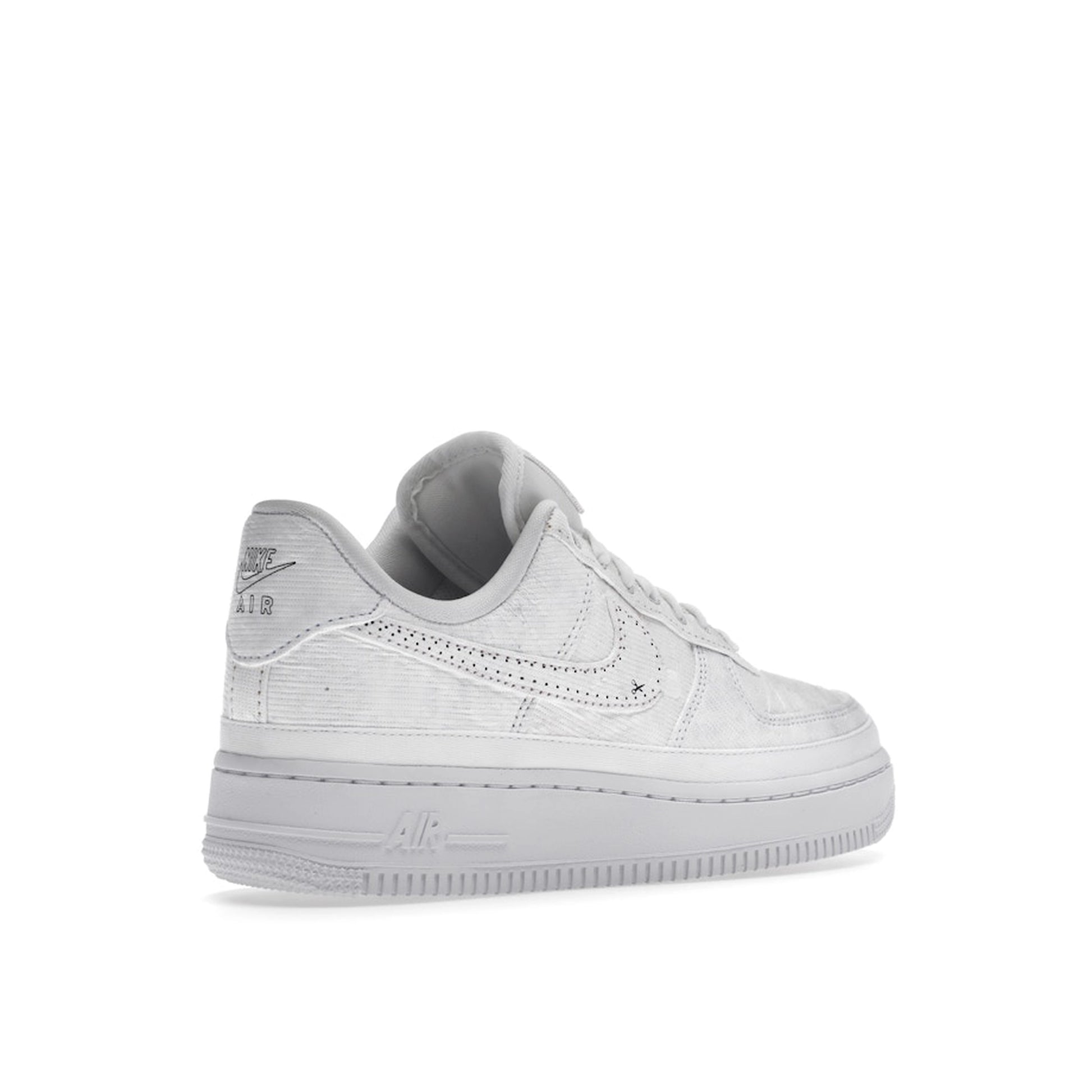 Nike Air Force 1 LX Tear Away Women's sneakers, back view, model CJ1650-101, in white with red tear-away swoosh.