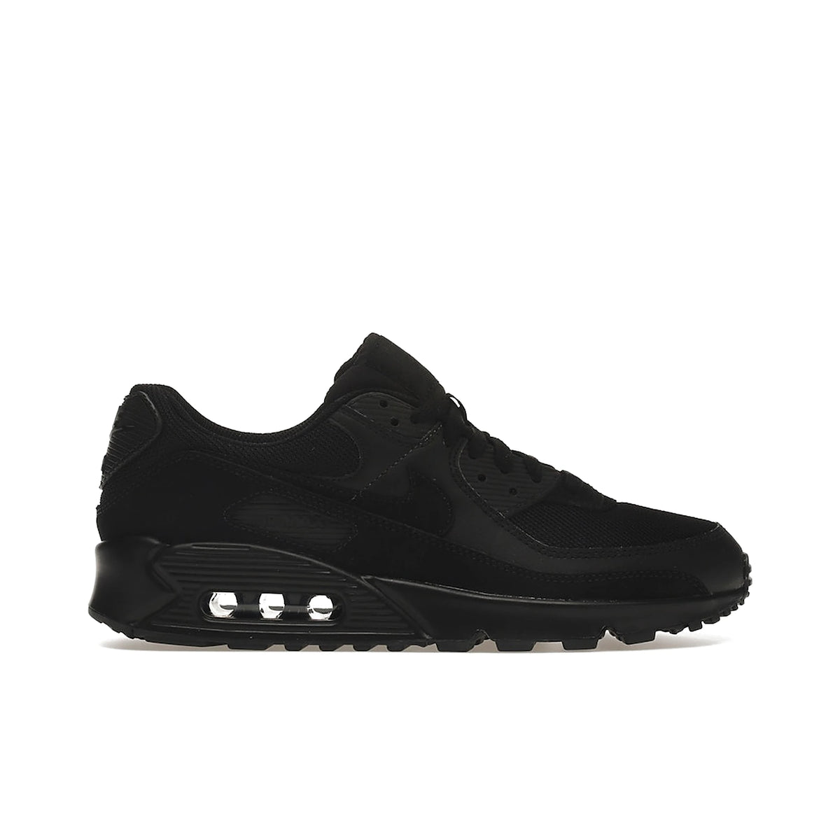 Nike Air Max 90 Recraft Triple Black men's shoe in black with white accents, leather and mesh