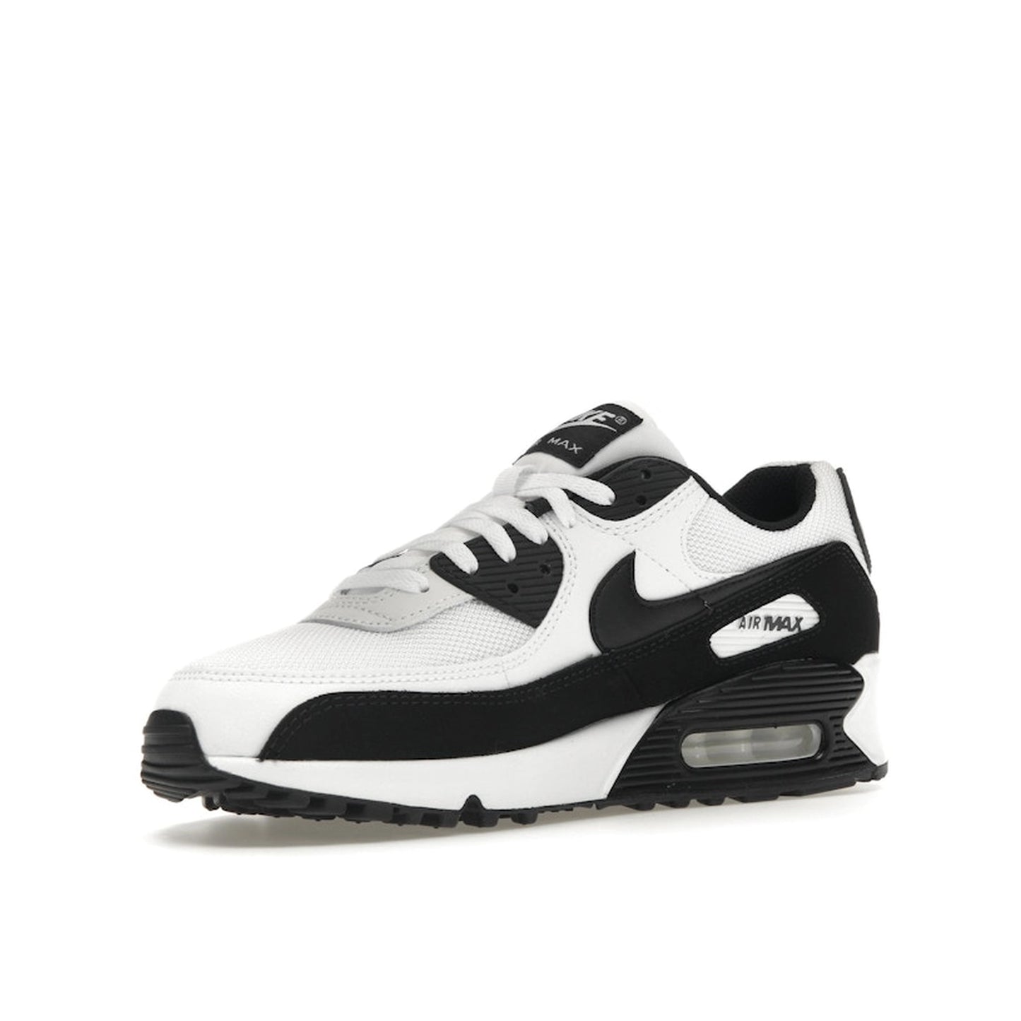 Nike Air Max 90, front view, in black and white with classic panda colorway.